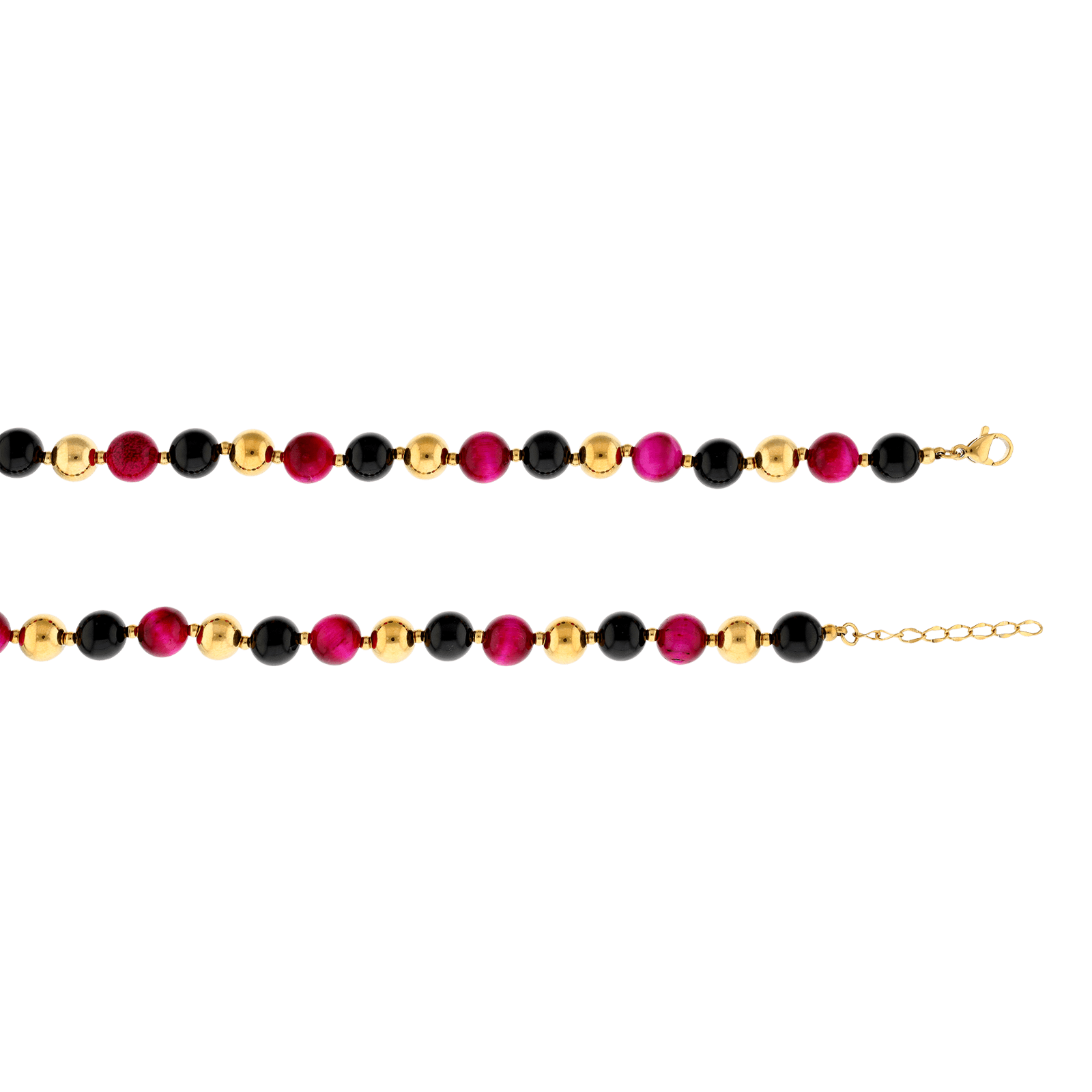 Collier Callas en acier doré avec boules d’agate noires et fuchsia de 8 mm, 42 cm avec rallonge de 3 cm