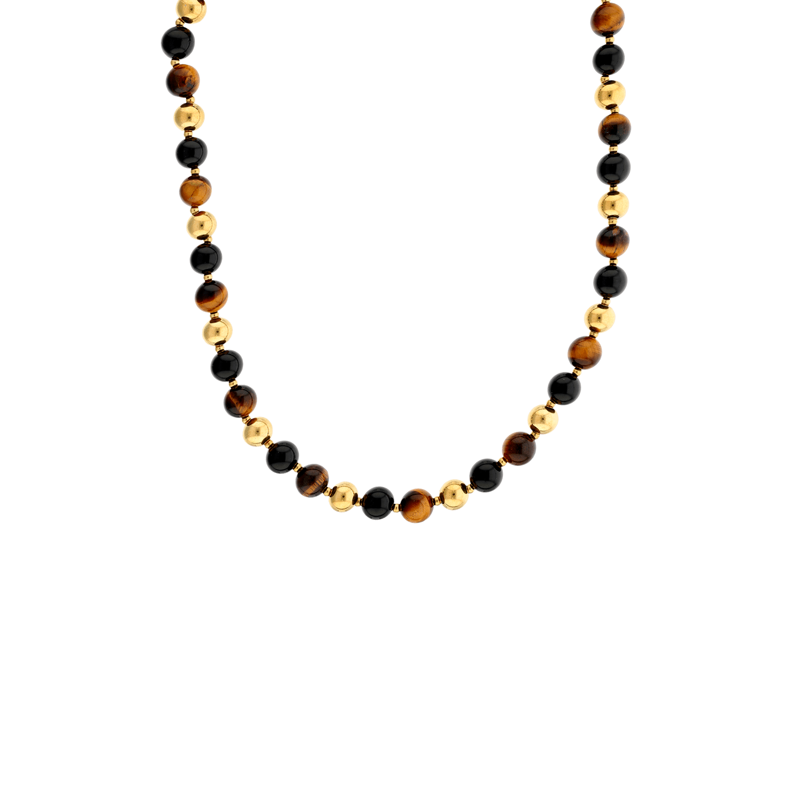 Collier Callas en acier doré avec boules d’agate noires et marron de 8 mm, 42 cm avec rallonge de 3 cm