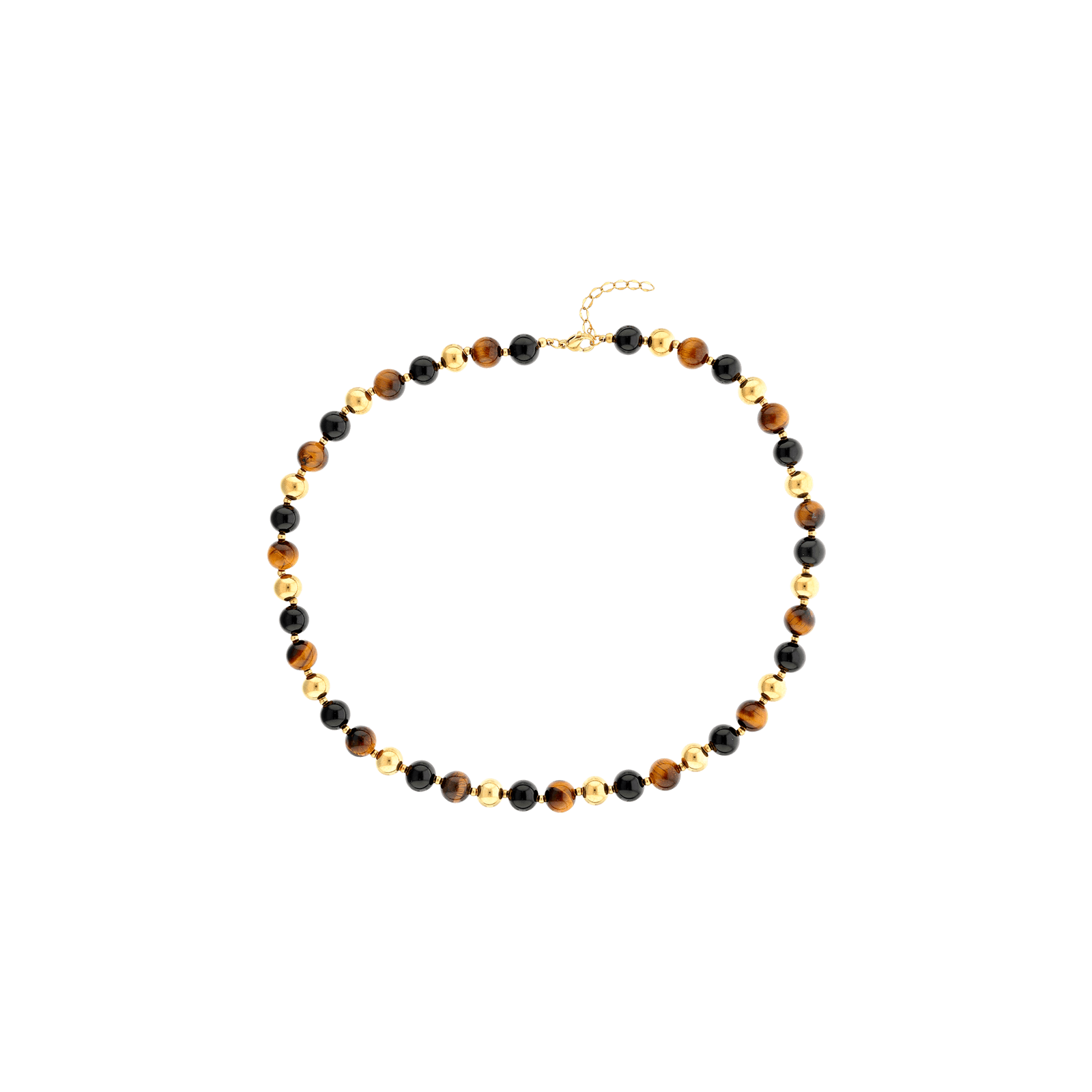 Collier Callas en acier doré avec boules d’agate noires et marron de 8 mm, 42 cm avec rallonge de 3 cm