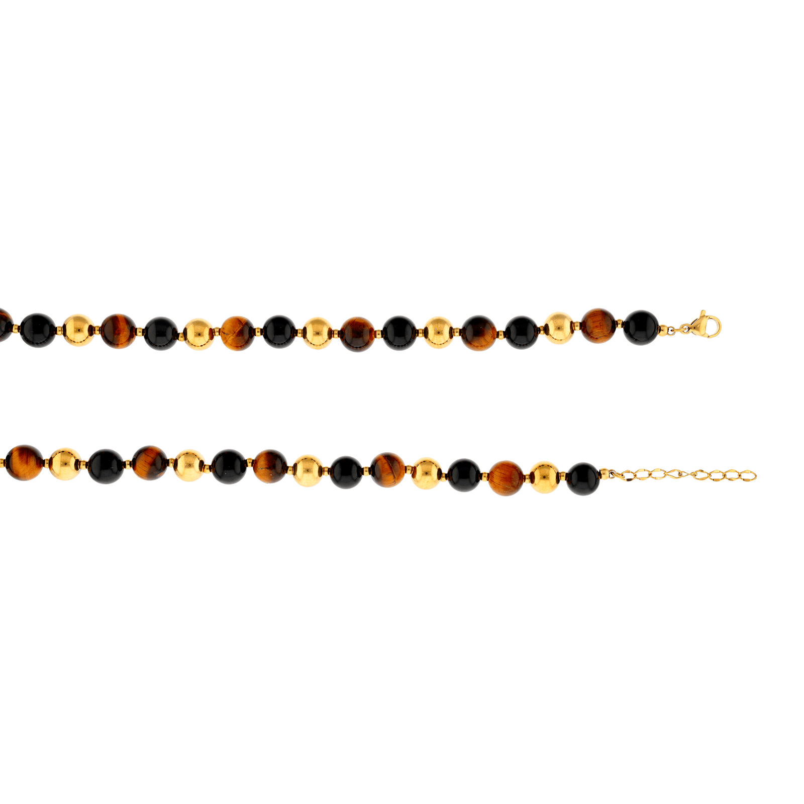Collier Callas en acier doré avec boules d’agate noires et marron de 8 mm, 42 cm avec rallonge de 3 cm