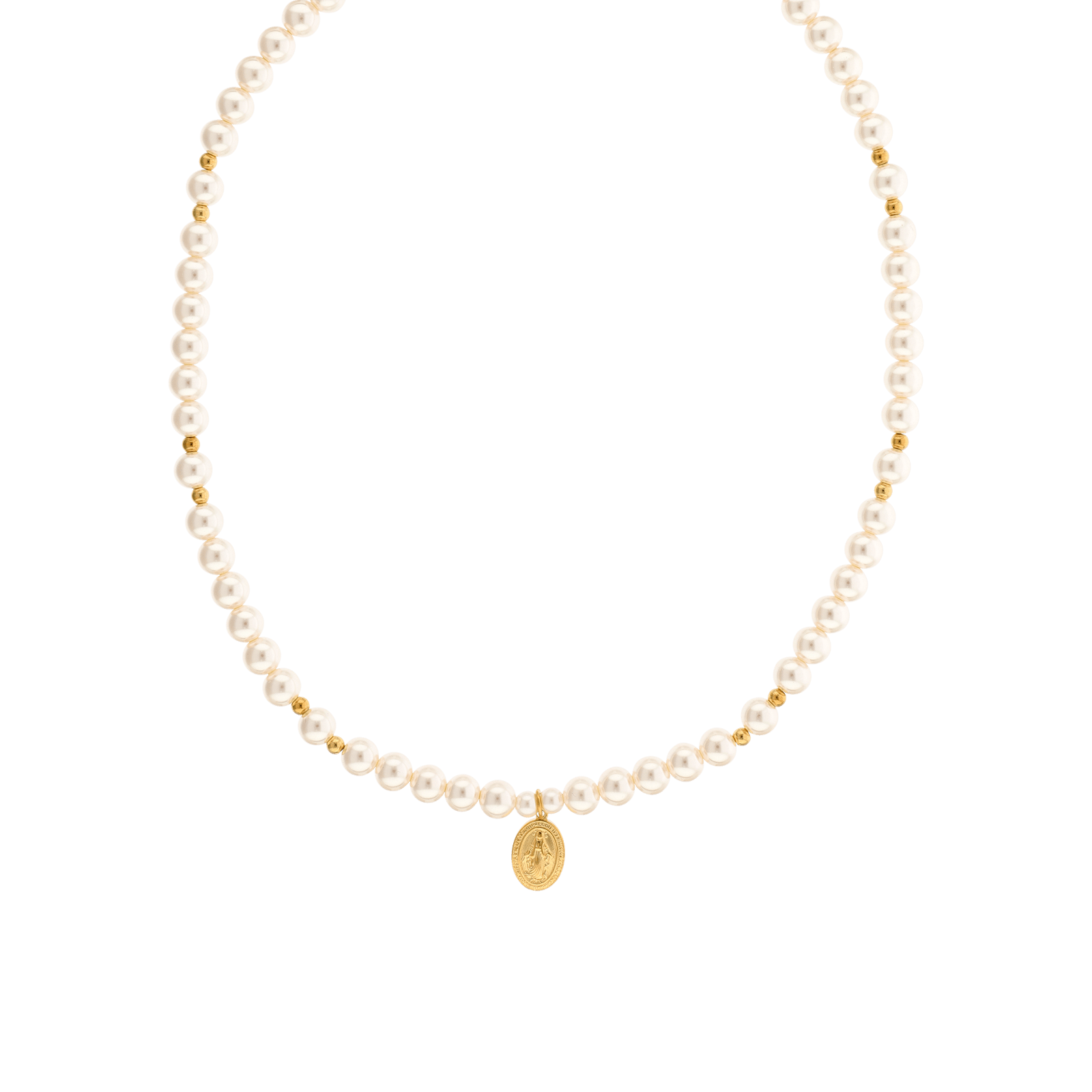 Collier Callas en acier doré avec perle et médaille miraculeuse, 42 cm avec rallonge de 3 cm