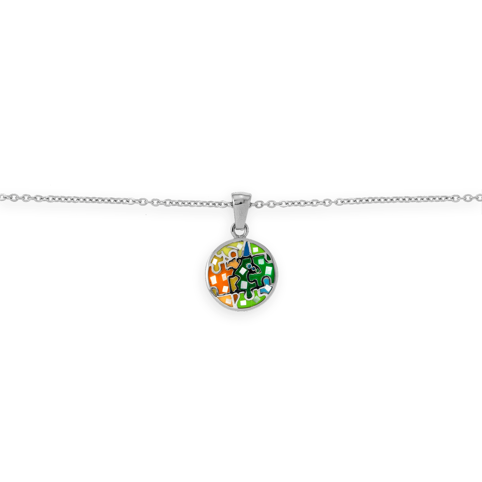 Collier acier motif email vert orange