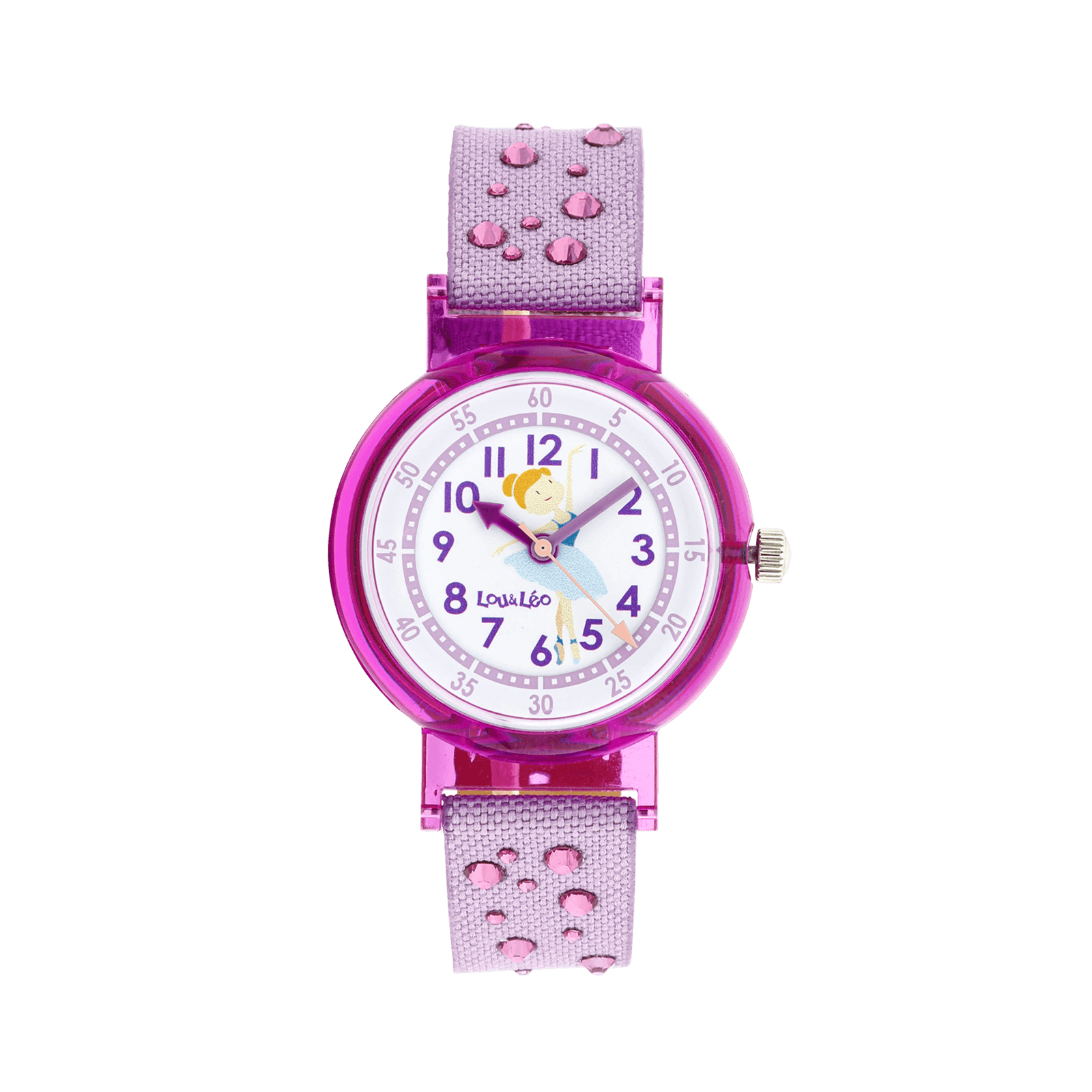 Montre enfant Lou & Leo 30.5 millimètres Bracelet tissu violet avec pierres Cadran blanc ballerine 3 atmosphères