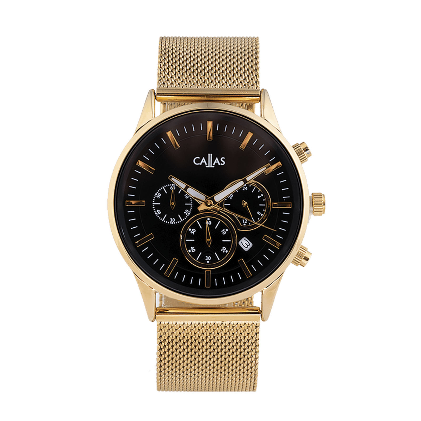 montre callas bracelet maille milanaise acier doré boîte doré cadran noir 5 atm