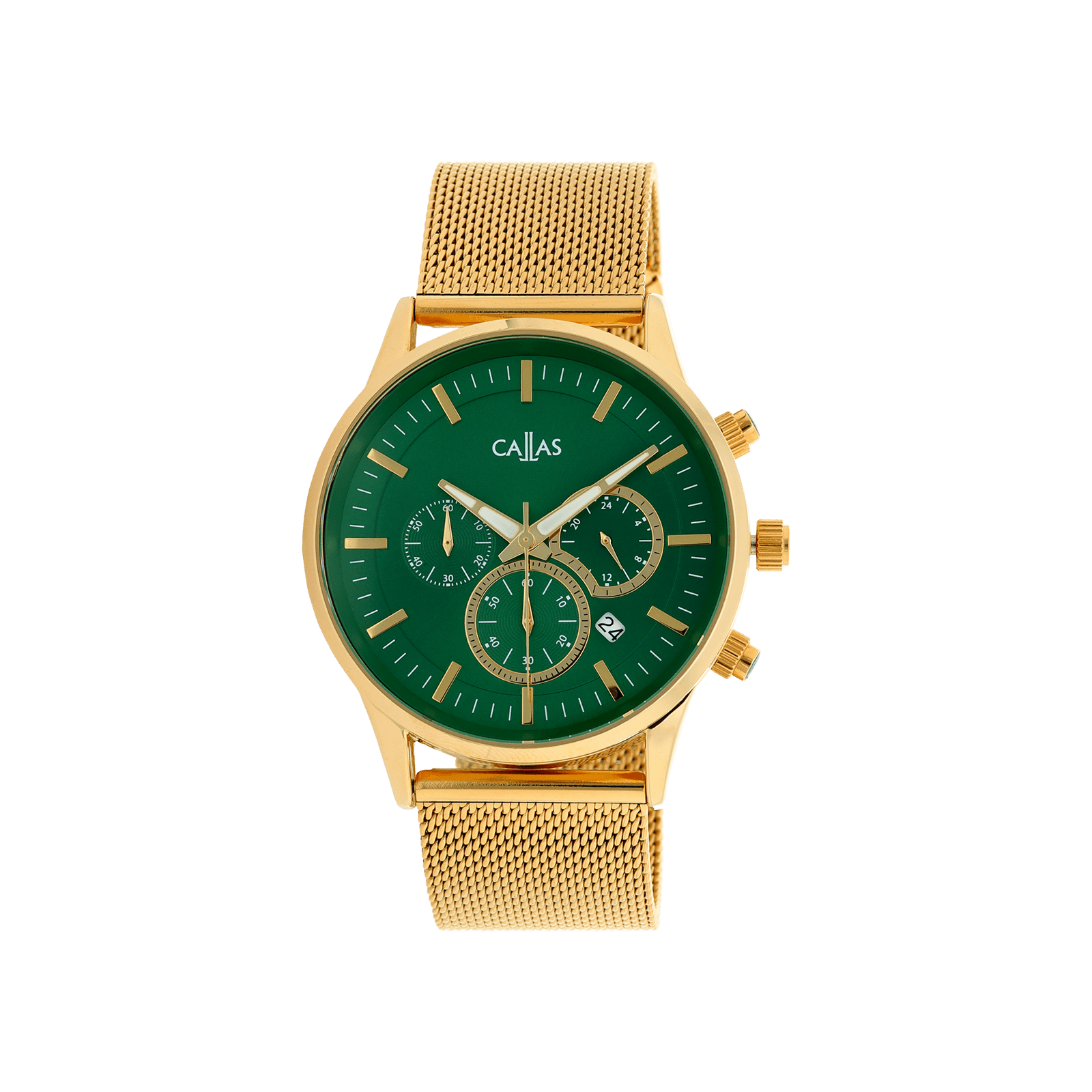 montre callas bracelet maille milanaise acier doré boîte doré cadran vert 5 atm