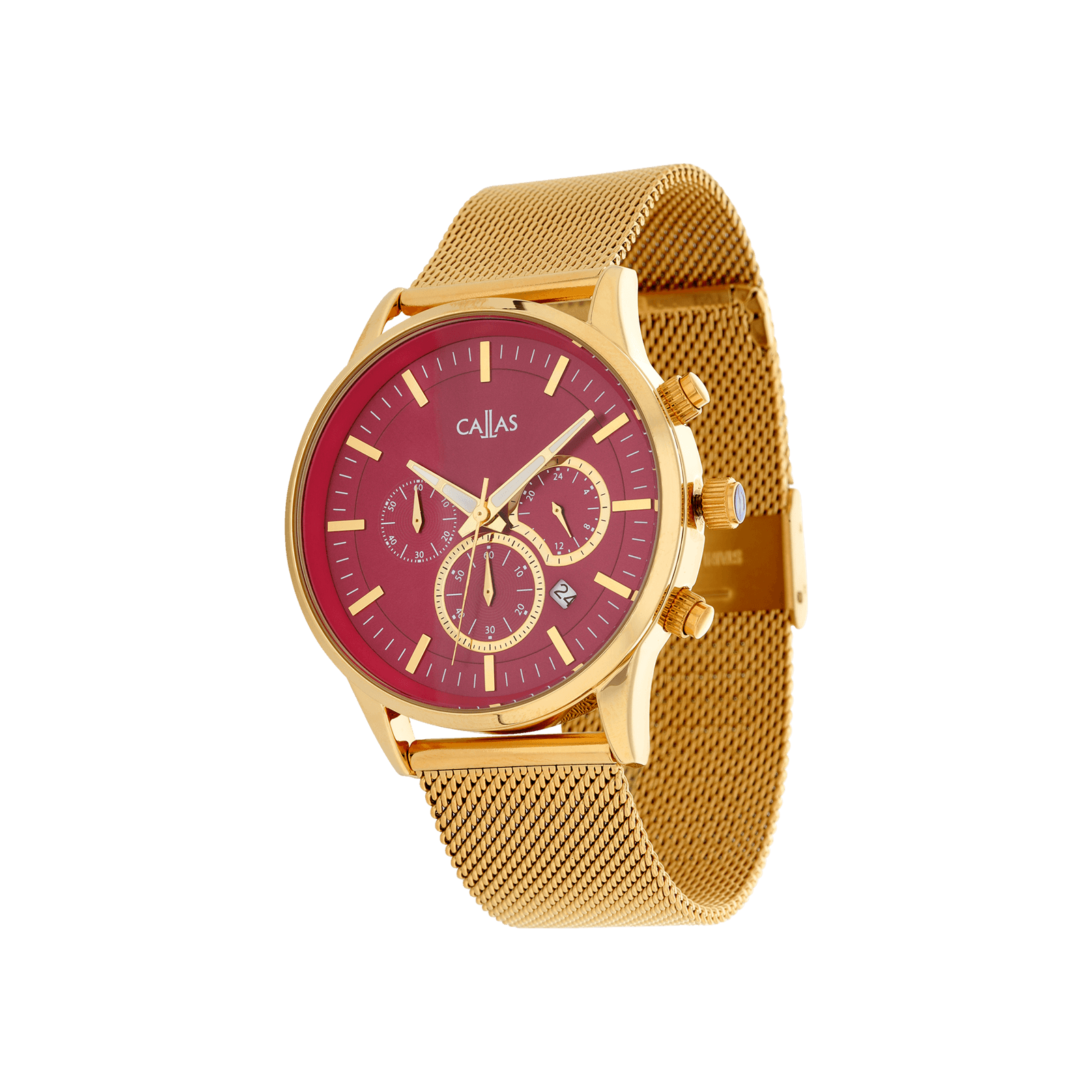 montre callas bracelet maille milanaise acier doré boîte doré cadran bordeaux 5 atm
