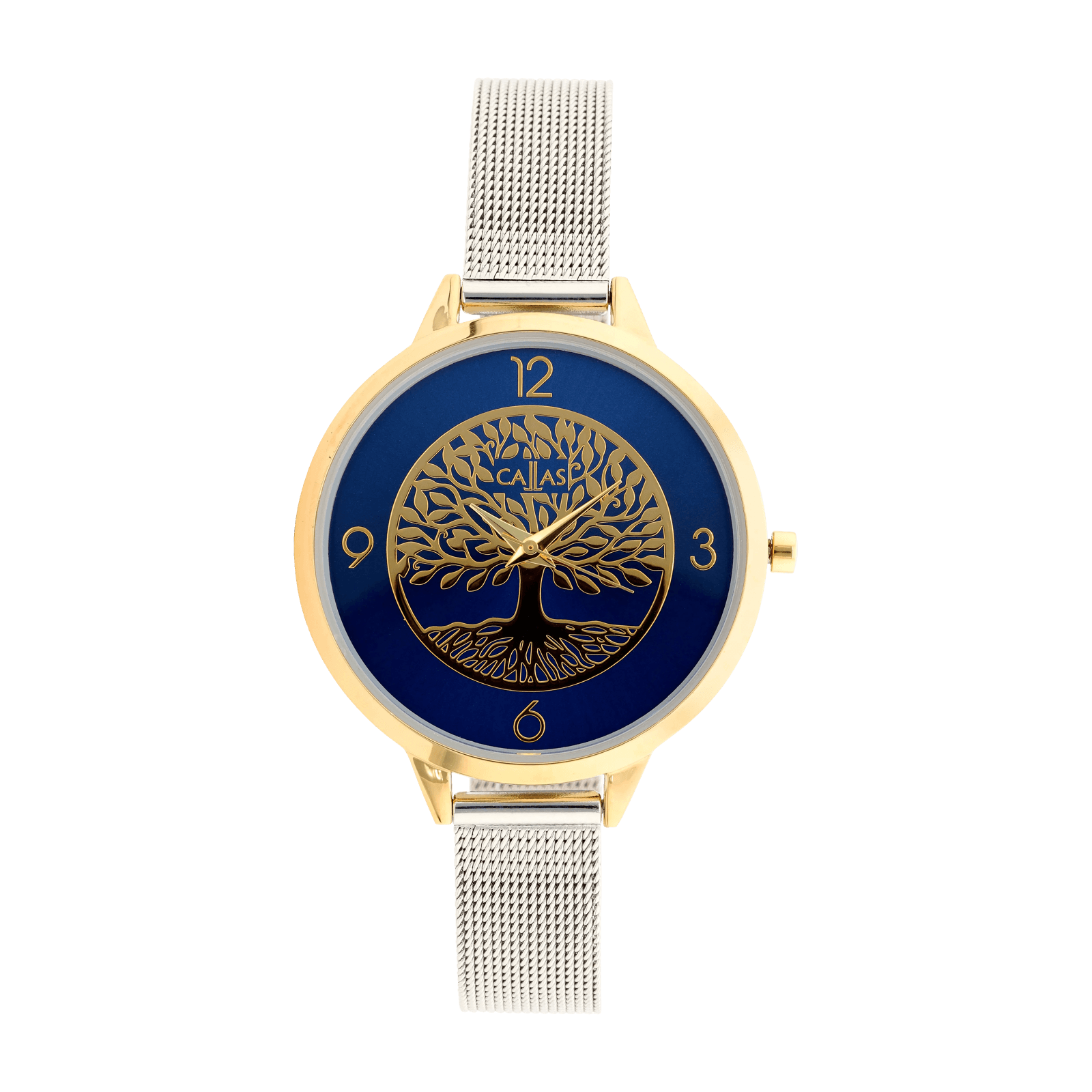 Montre Callas 37.8mm Bracelet maille milanaise ips Boîte Acier doré Cadran bleu arbre de vie 3 atmosphères