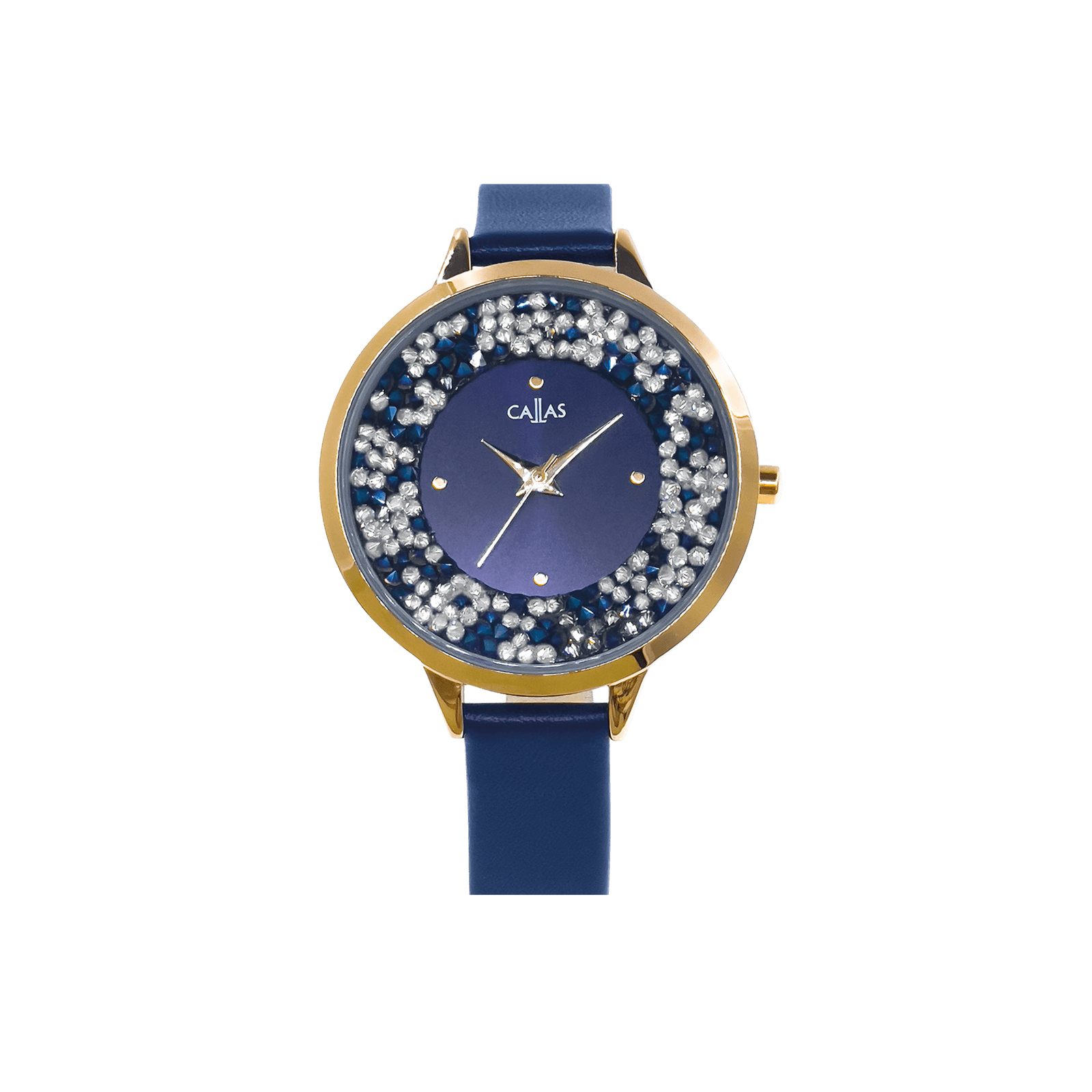 montre dame callas bracelet cuir bleu boite plaqué or rose cadran bleu et pierres 3 atm