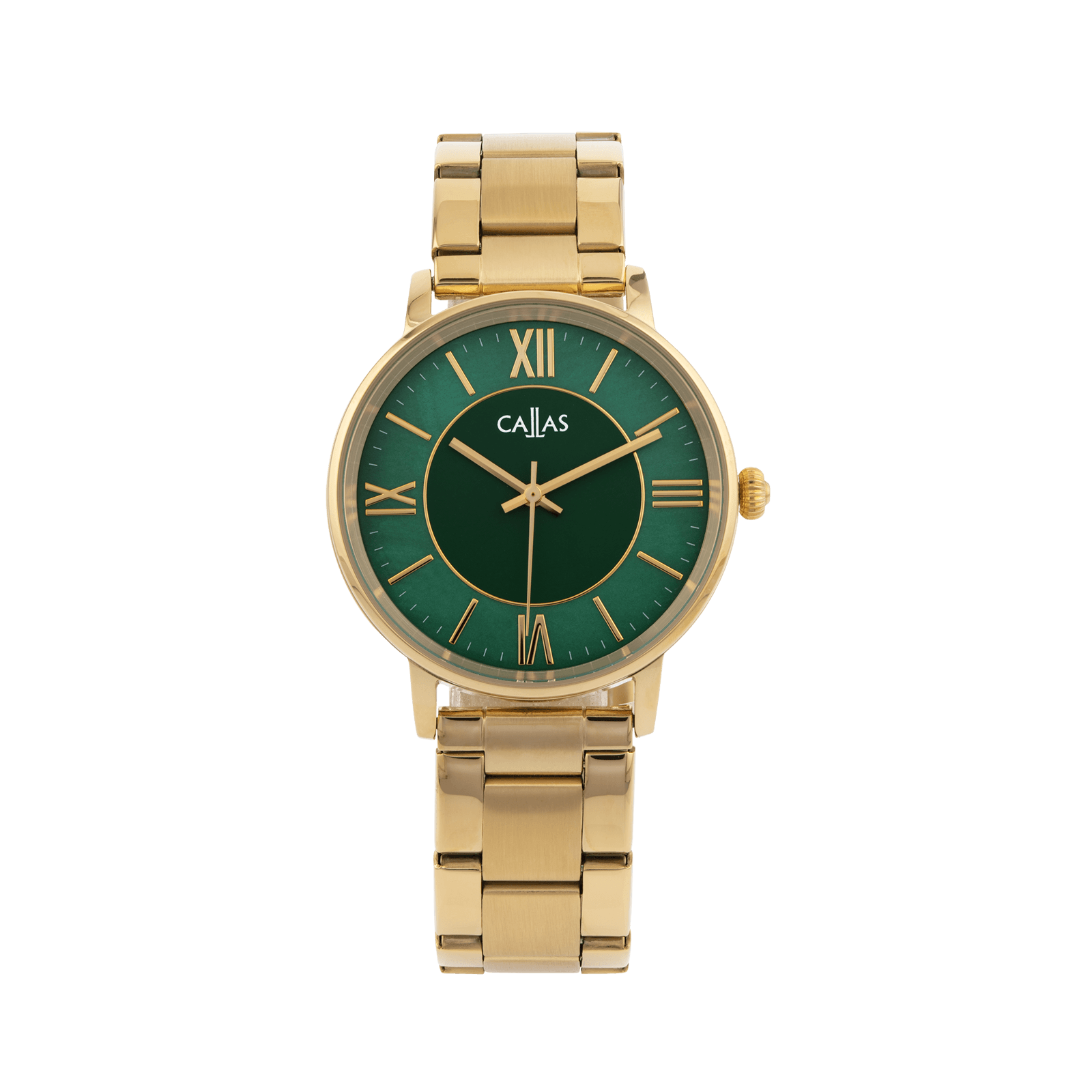 montre homme callas acier bracelet acier doré boite acier doré cadran vert nacre 3 atm