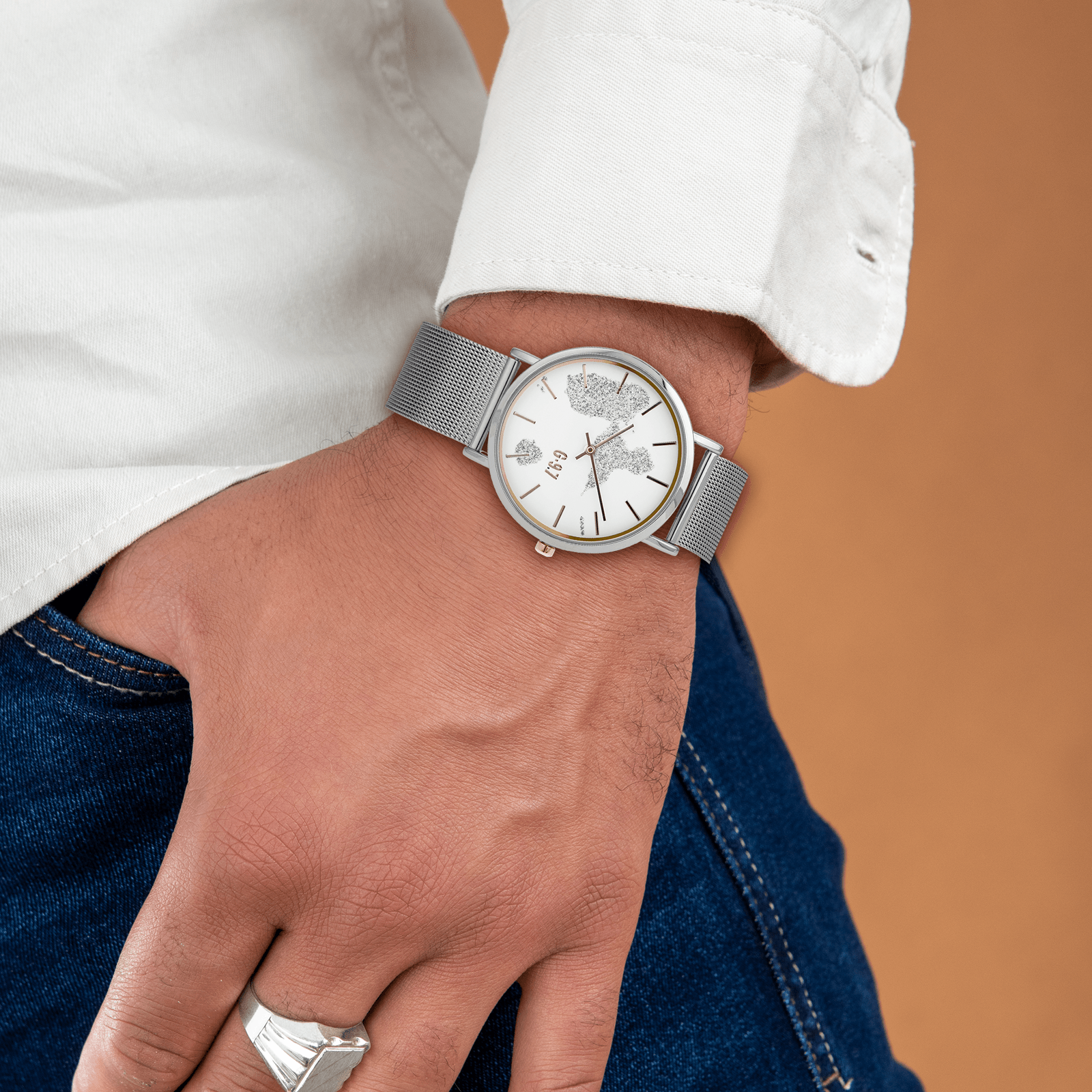montre unisexe g97 cadran argenté blanc guadeloupe argenté bracelet mesh 3atm