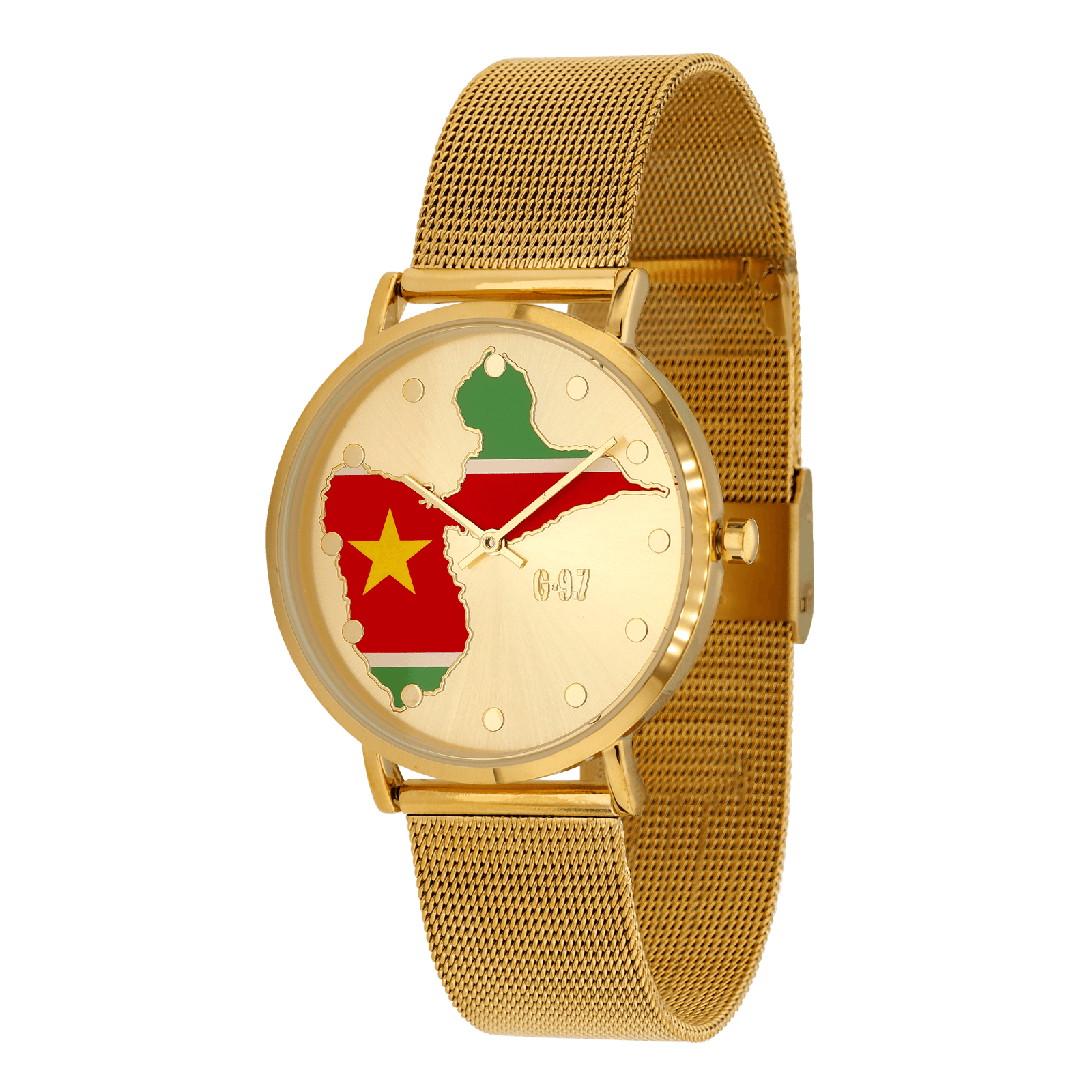 montre homme g97 carte drapeau guadeloupe cadran doré 36.6mm brac mesh 17.5mm 3atm