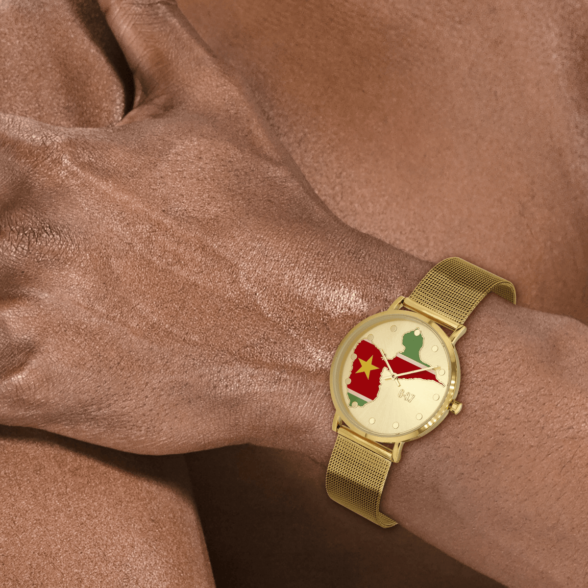 montre homme g97 carte drapeau guadeloupe cadran doré 36.6mm brac mesh 17.5mm 3atm