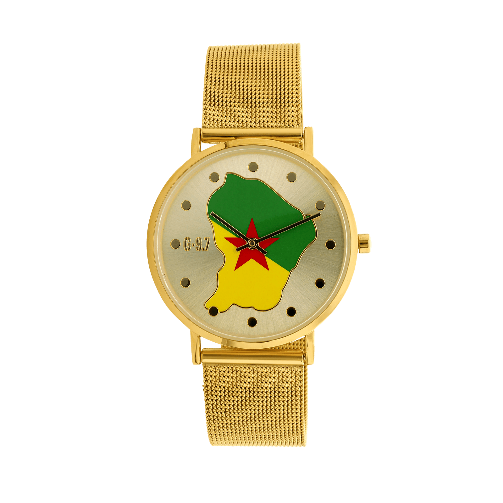 montre homme g97 carte drapeau guyane cadran doré 36.6mm brac mesh 17.5mm 3atm