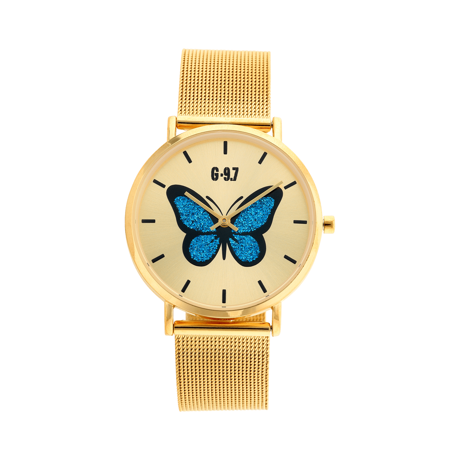 montre g97 36.4mm acier doré bracelet maille milanaise doré cadran gold sunray morpho bleu 3 atm