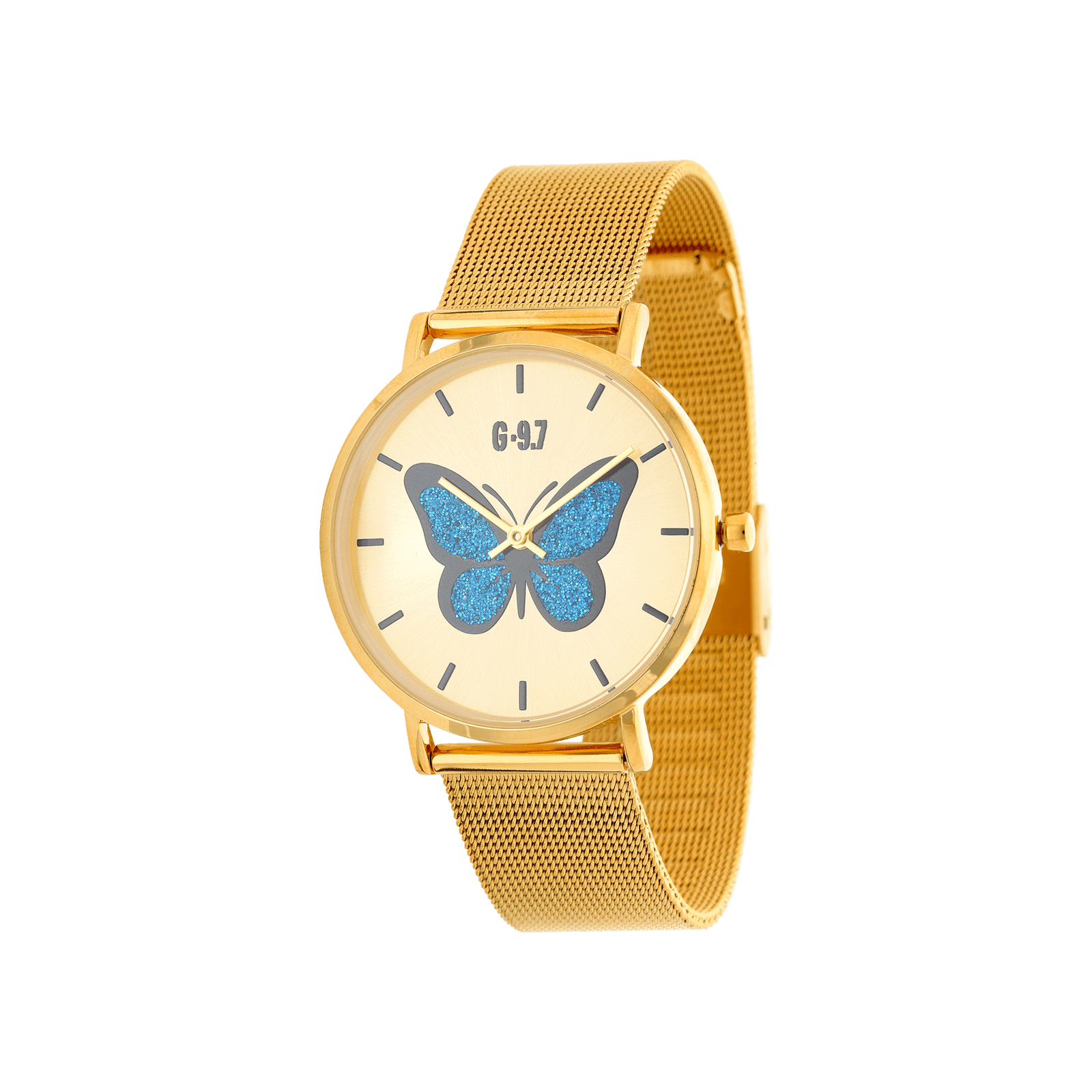 montre g97 36.4mm acier doré bracelet maille milanaise doré cadran gold sunray morpho bleu 3 atm