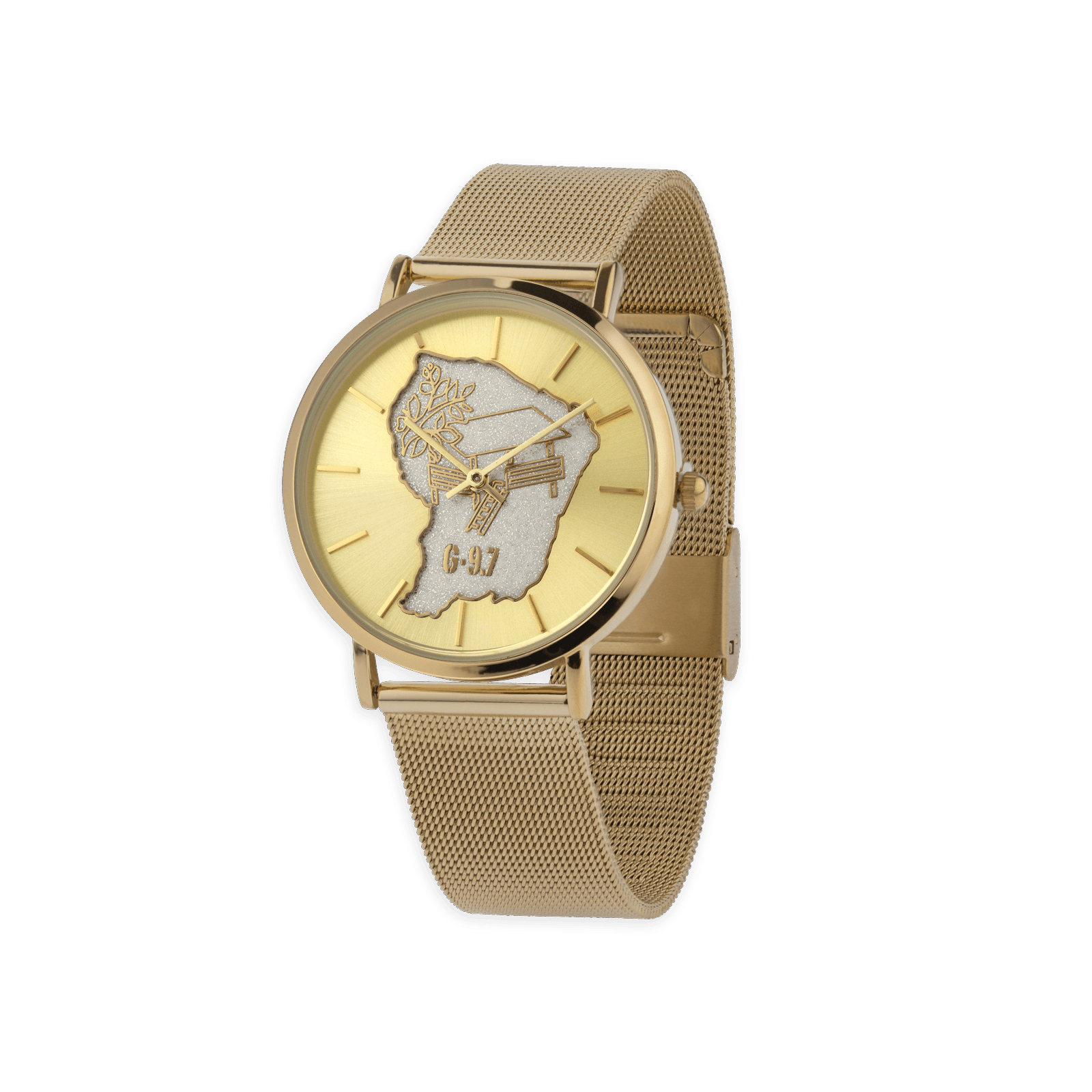 montre homme g97 cadran doré carte guyane argenté carbet doré bracelet mesh 3atm