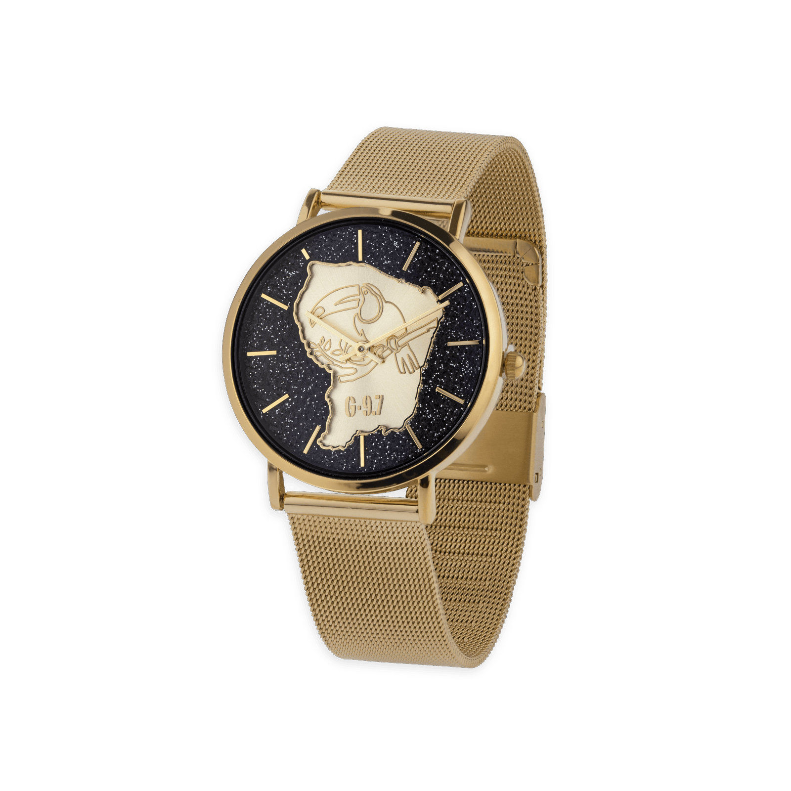 montre homme g97 cadran doré noir carte guyane toucan doré bracelet mesh 3atm