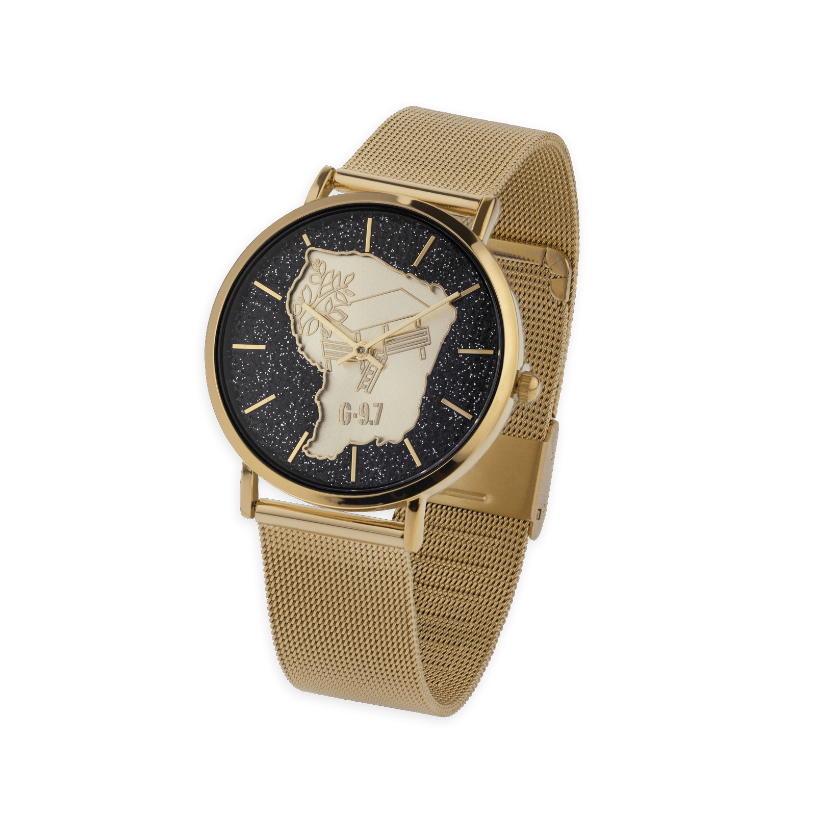 montre homme g97 carte guyane bracelet maille milanaise acier doré