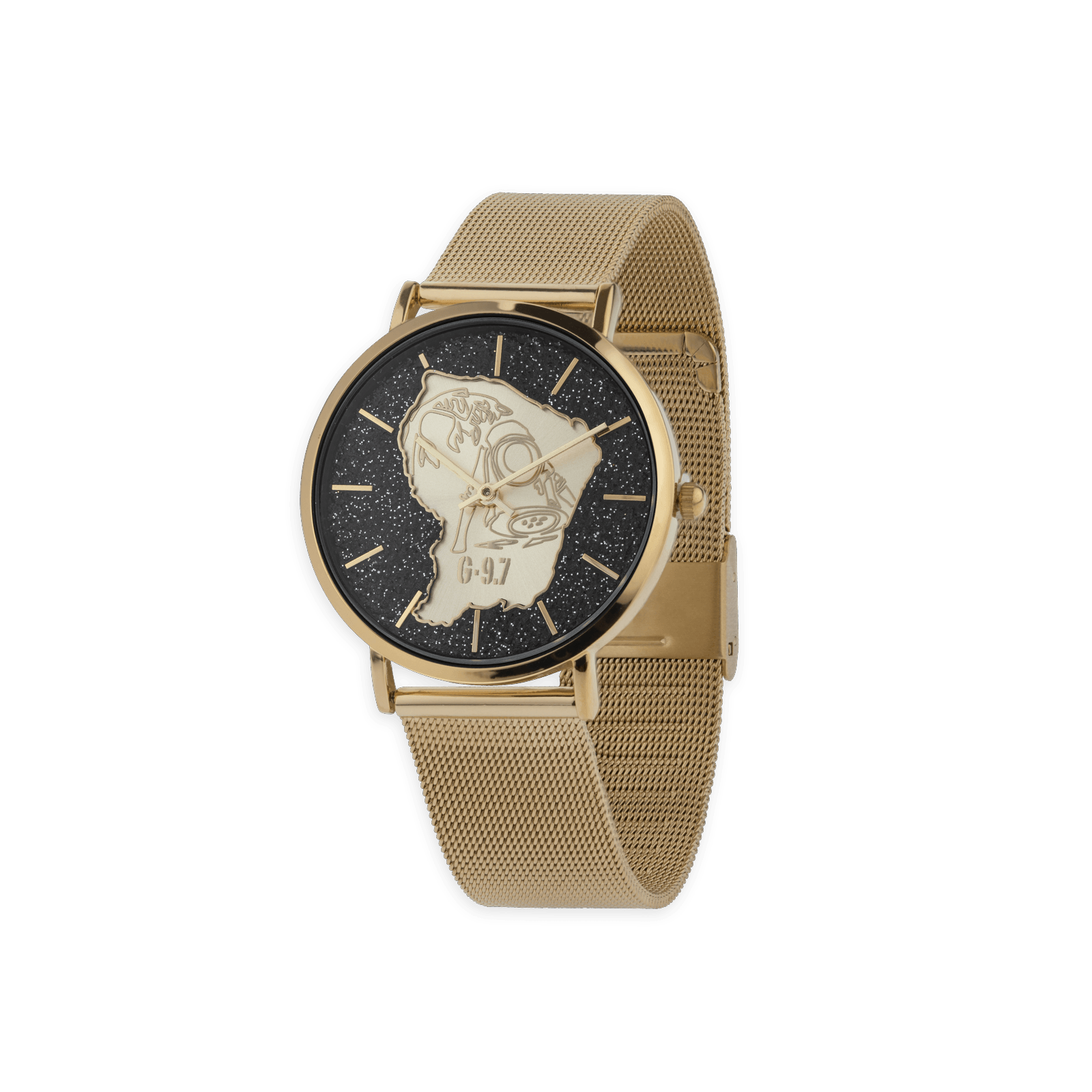 montre homme G97 cadran doré carte guyane orpailleur doré bracelet mesh