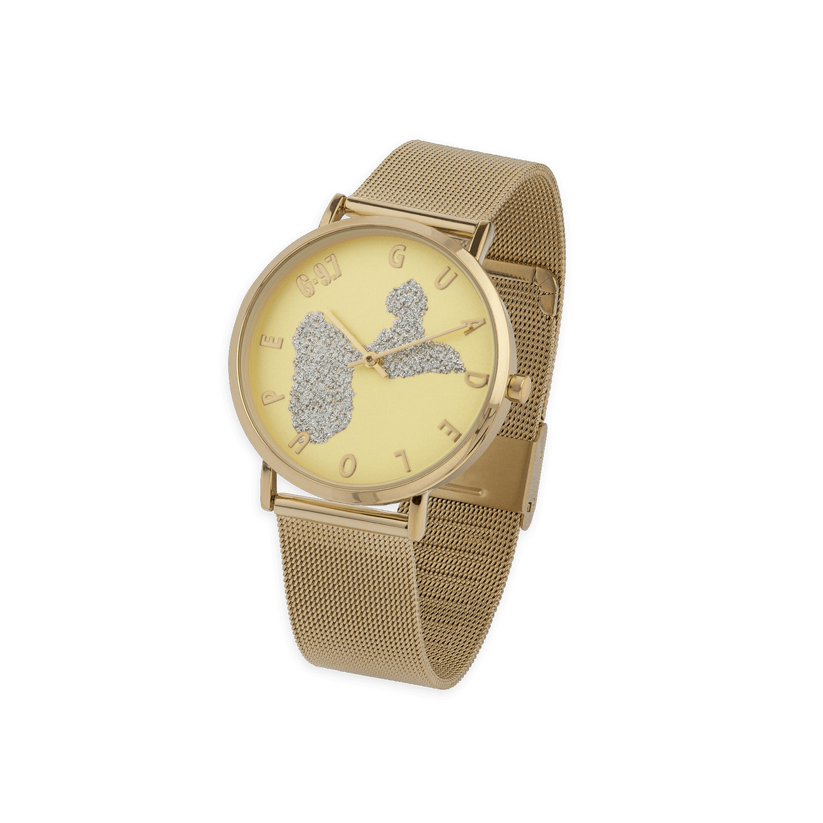 Montre Unisexe G97 36mm Cadran Gravure Doré Guadeloupe Argenté Brac Mesh Doré 17.5mm 3atm