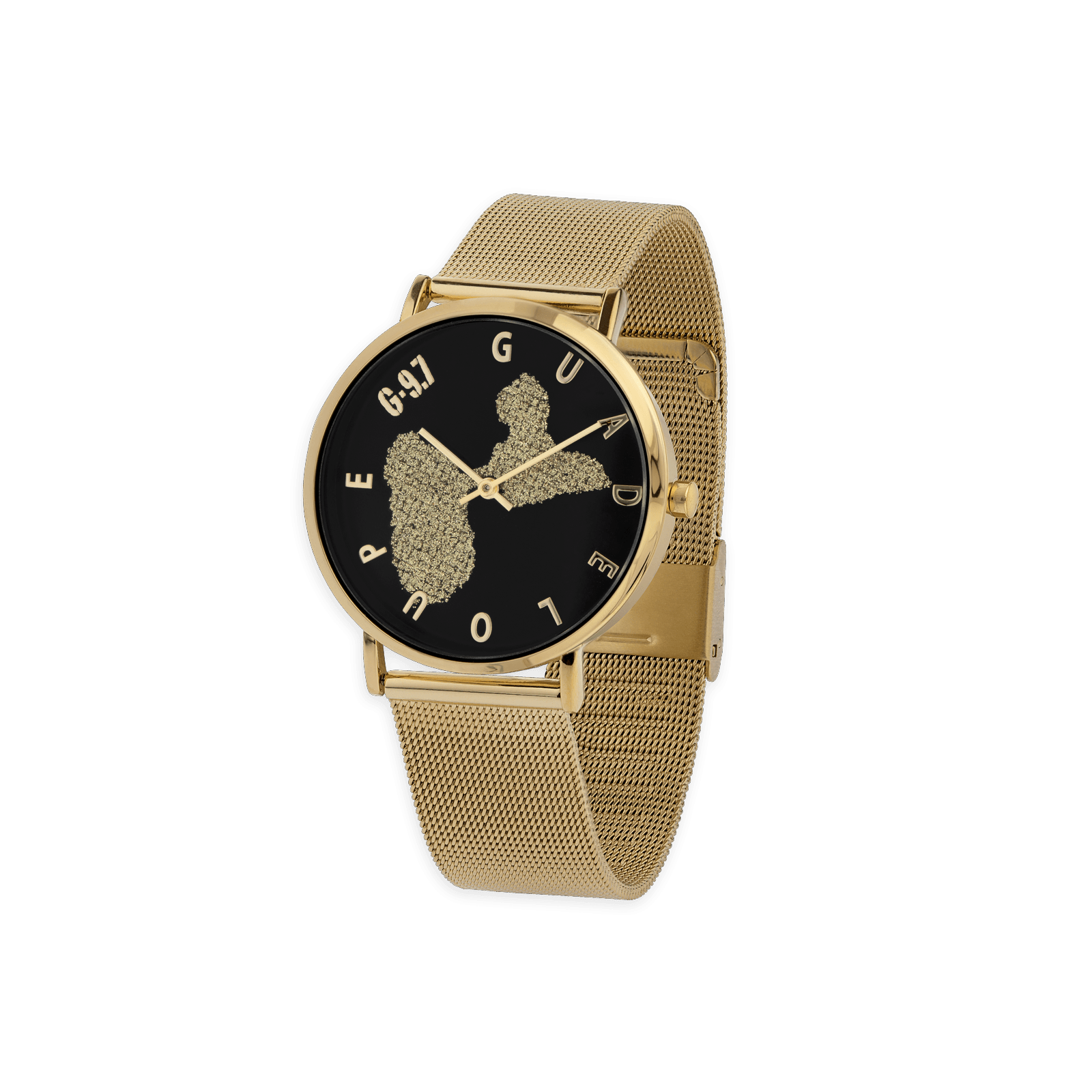 montre unisexe g97 cadran doré noir gravures guadeloupe dorées bracelet mesh 3atm