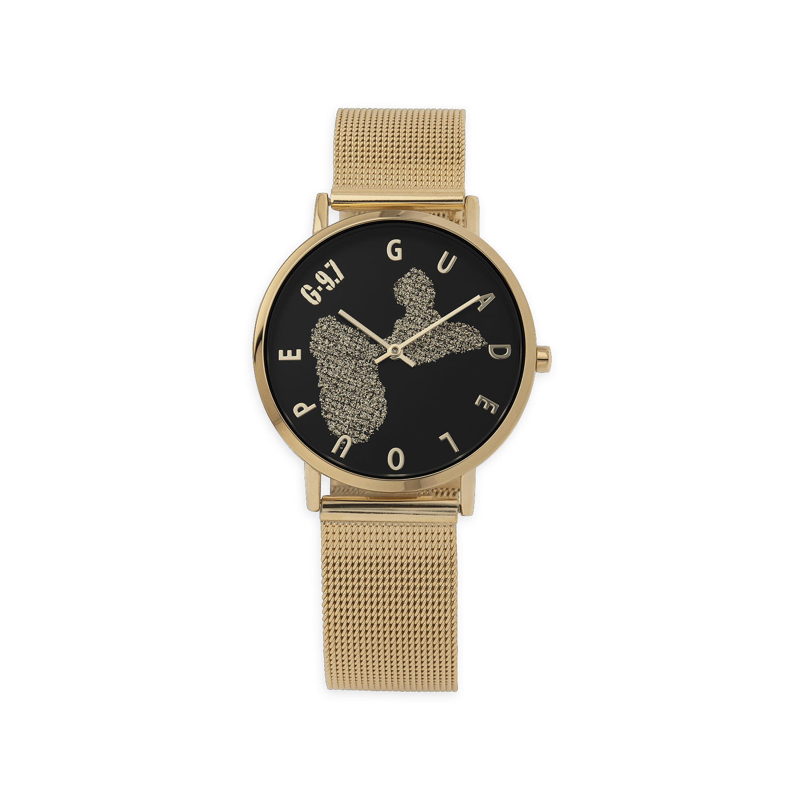 montre unisexe g97 cadran doré noir gravures guadeloupe dorées bracelet mesh 3atm