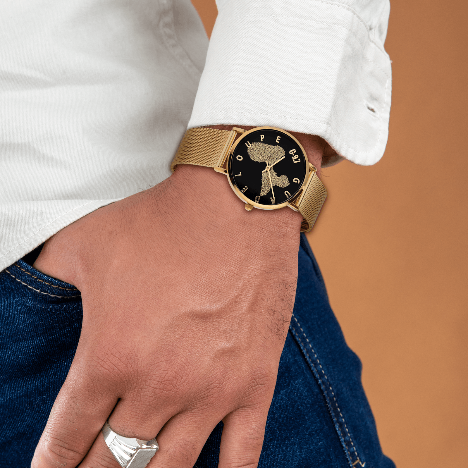 montre unisexe g97 cadran doré noir gravures guadeloupe dorées bracelet mesh 3atm