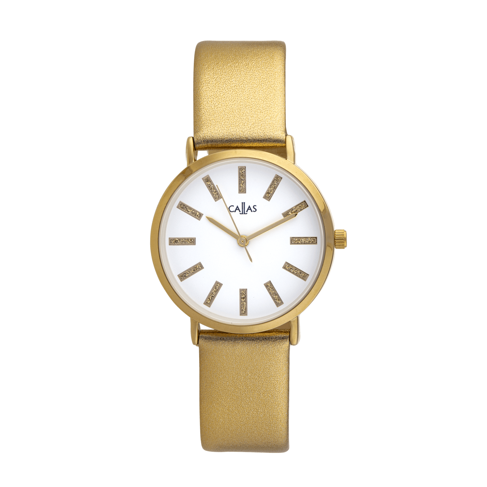 montre dame callas bracelet cuir doré et paillettes boîte acier doré cadran blanc 3 atm