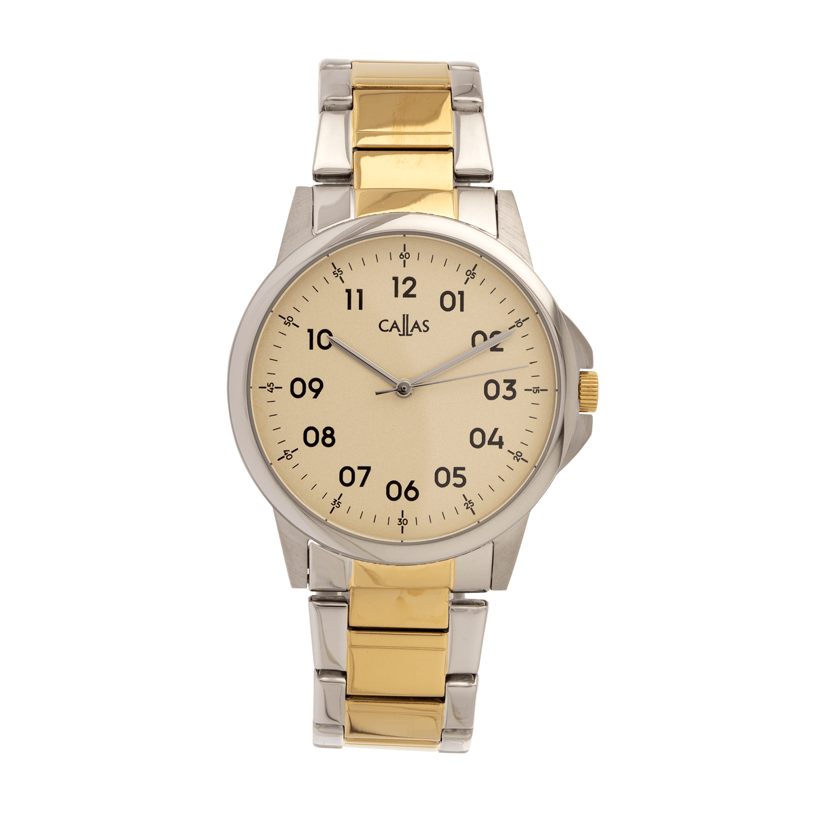 montre homme callas bracelet métal ion plating silver et acier doré cadran blanc 5 tampons