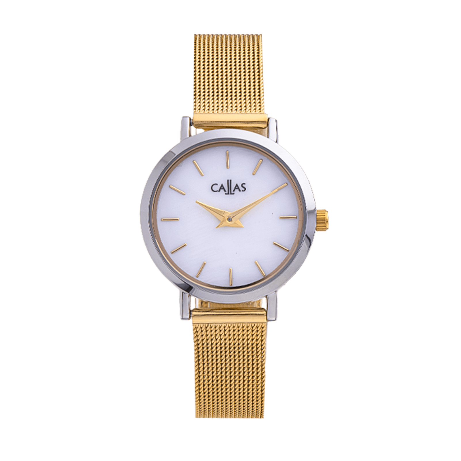 montre dame callas dame bracelet maille milanaise acier doré boîte ion plating silver cadran nacre blanc 3 atm