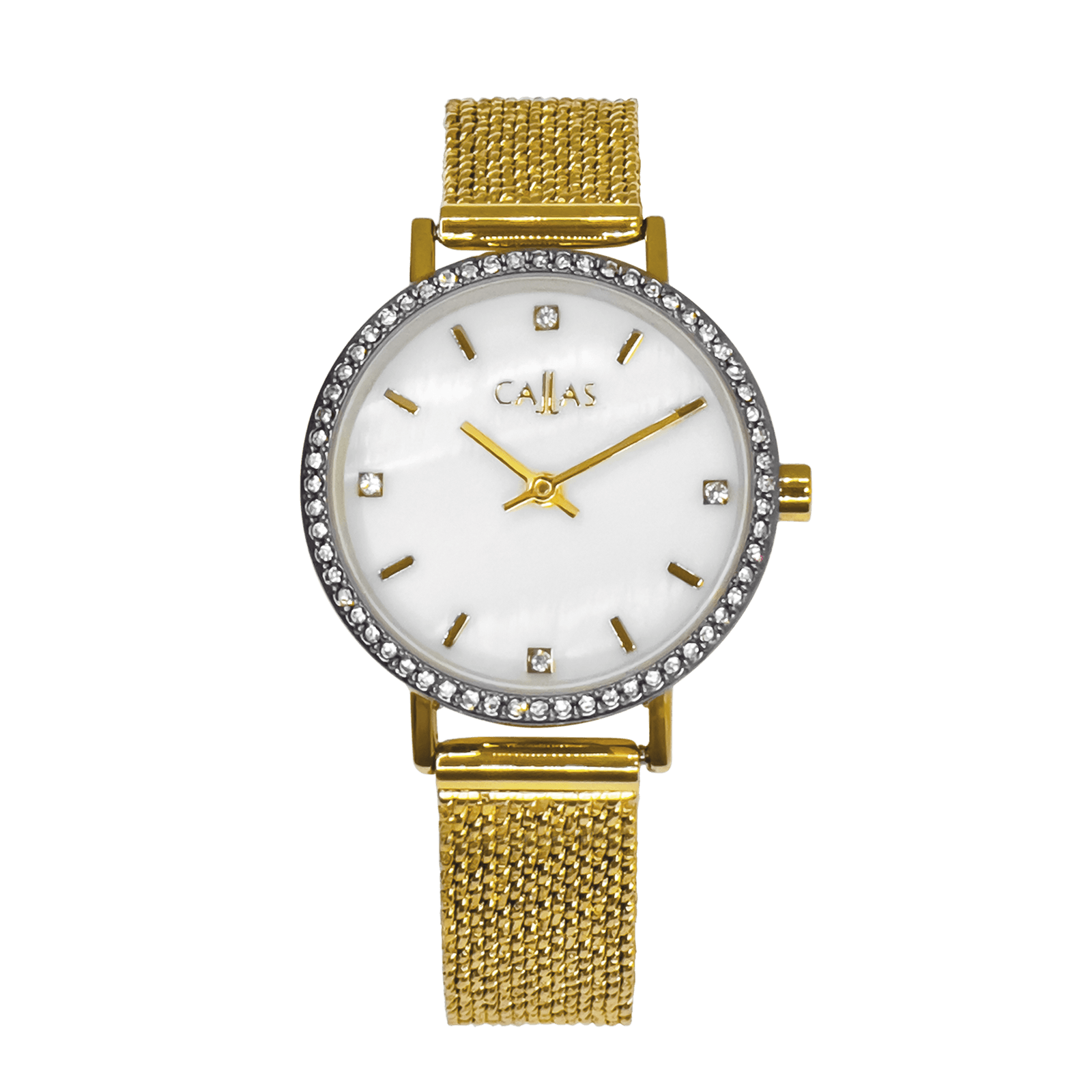 montre dame callas bracelet maille milanaise acier doré boîtier acier doré et pierres cadran blanc 3 atm