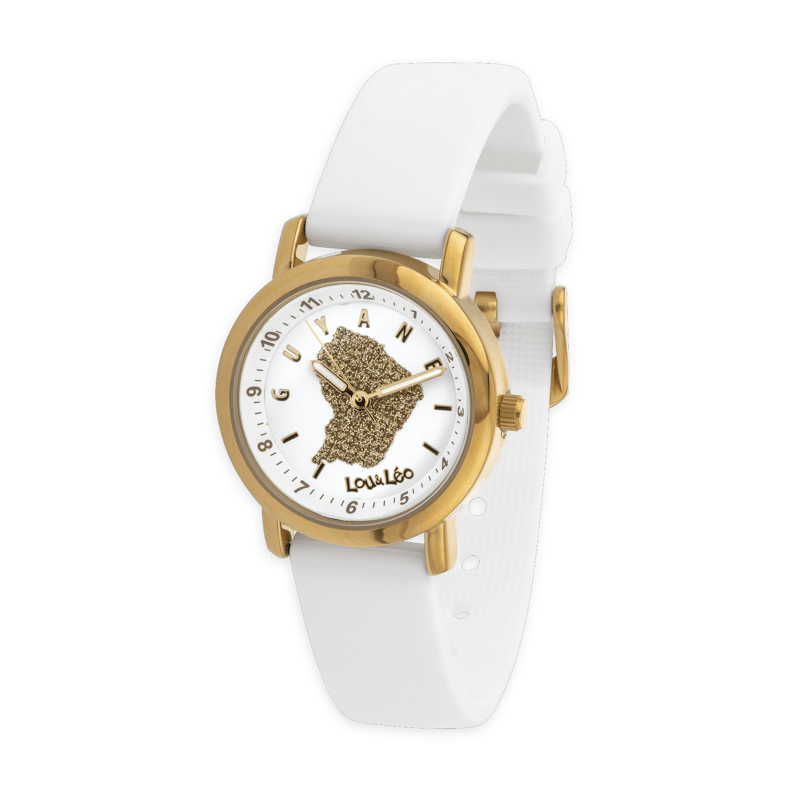 montre enfant carte guyane doré cadran blanc bracelet caoutchouc 3atm