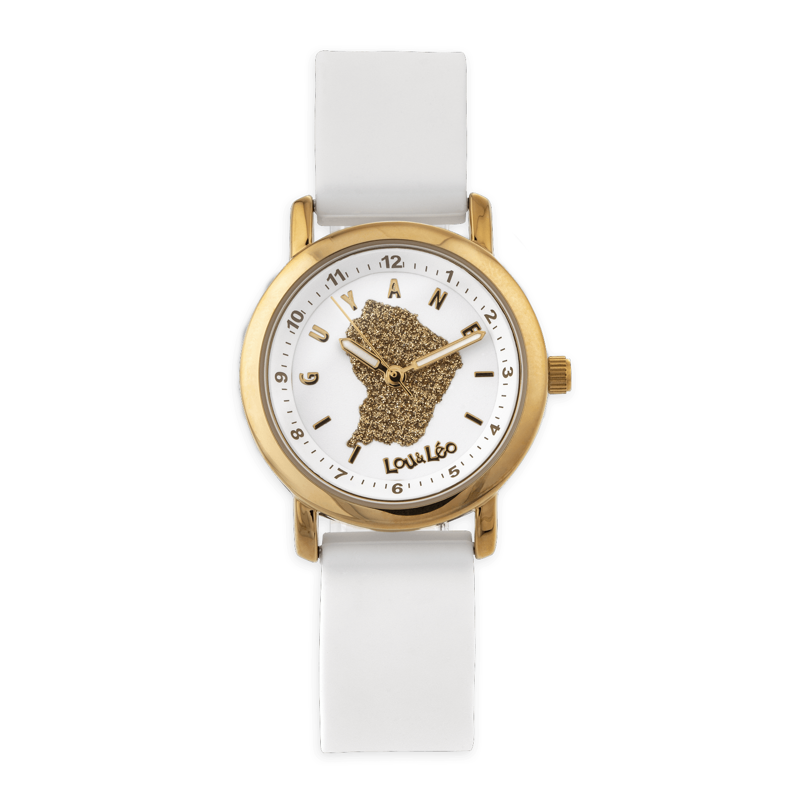 montre enfant carte guyane doré cadran blanc bracelet caoutchouc 3atm