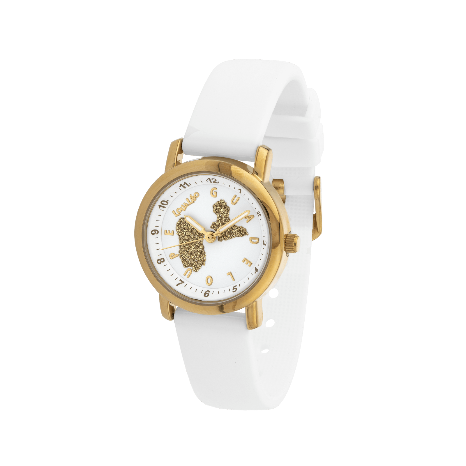 Montre Enfant Carte Guadeloupe Doré Cadran Blanc Bracelet Caoutchouc Blanc 3Atm