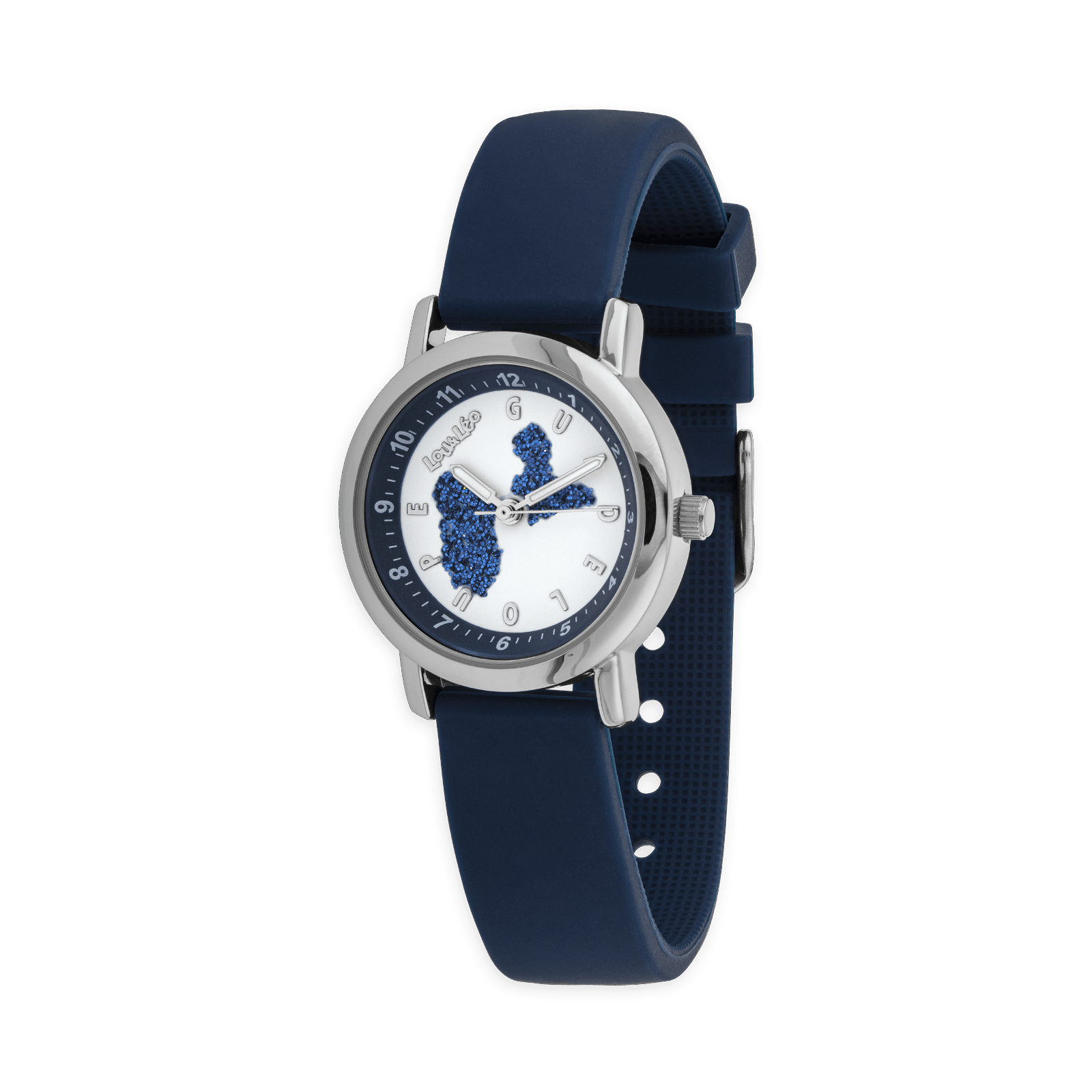 Montre Enfant Carte Guadeloupe Bleu Cadran Blanc, Bracelet Caoutchouc Bleu 3Atm