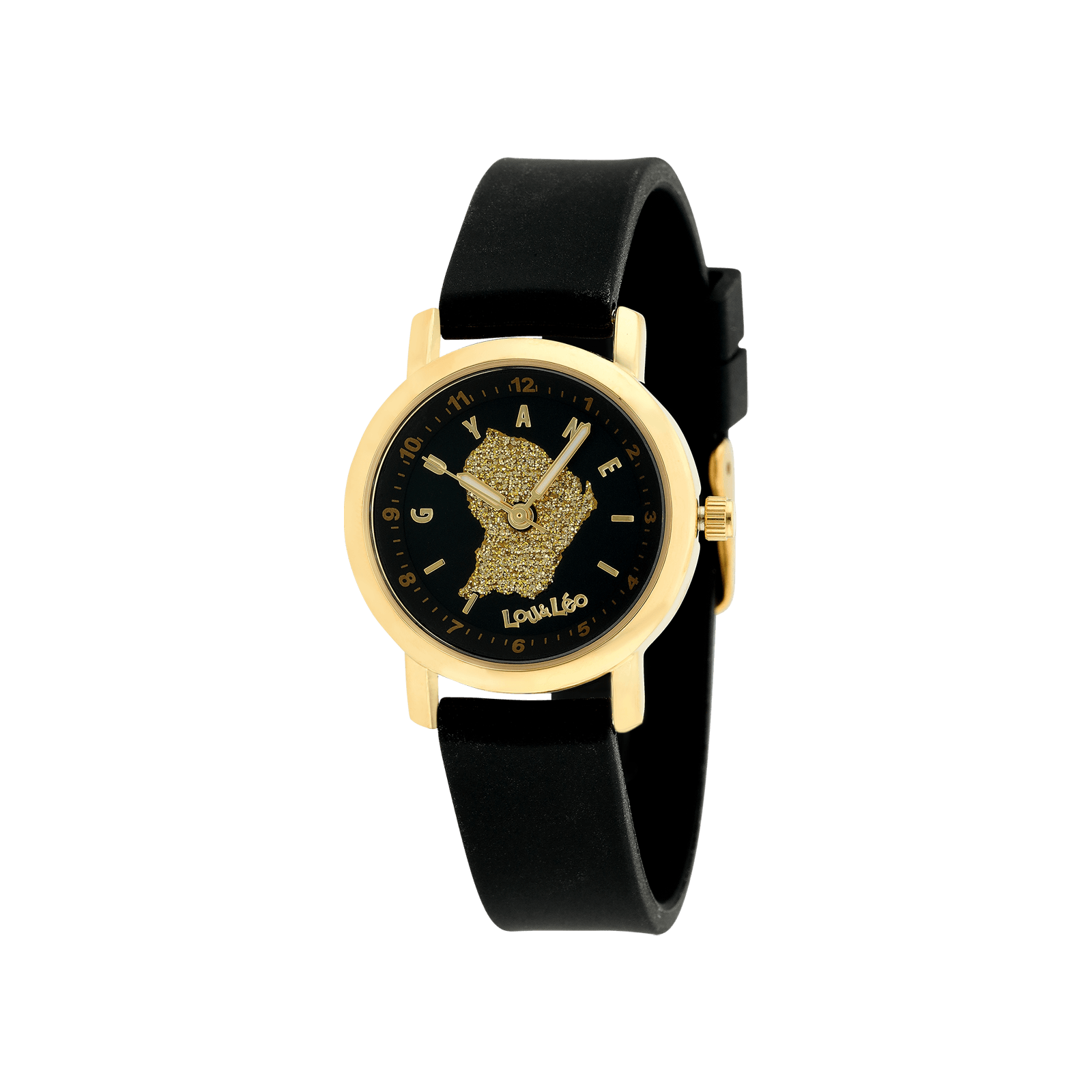 MONTRE ENFANT LOU&LEO BRACELET SILICONE NOIR BOITE IPG CADRAN NOIR GUYANE GLITTER DORE 3ATM
