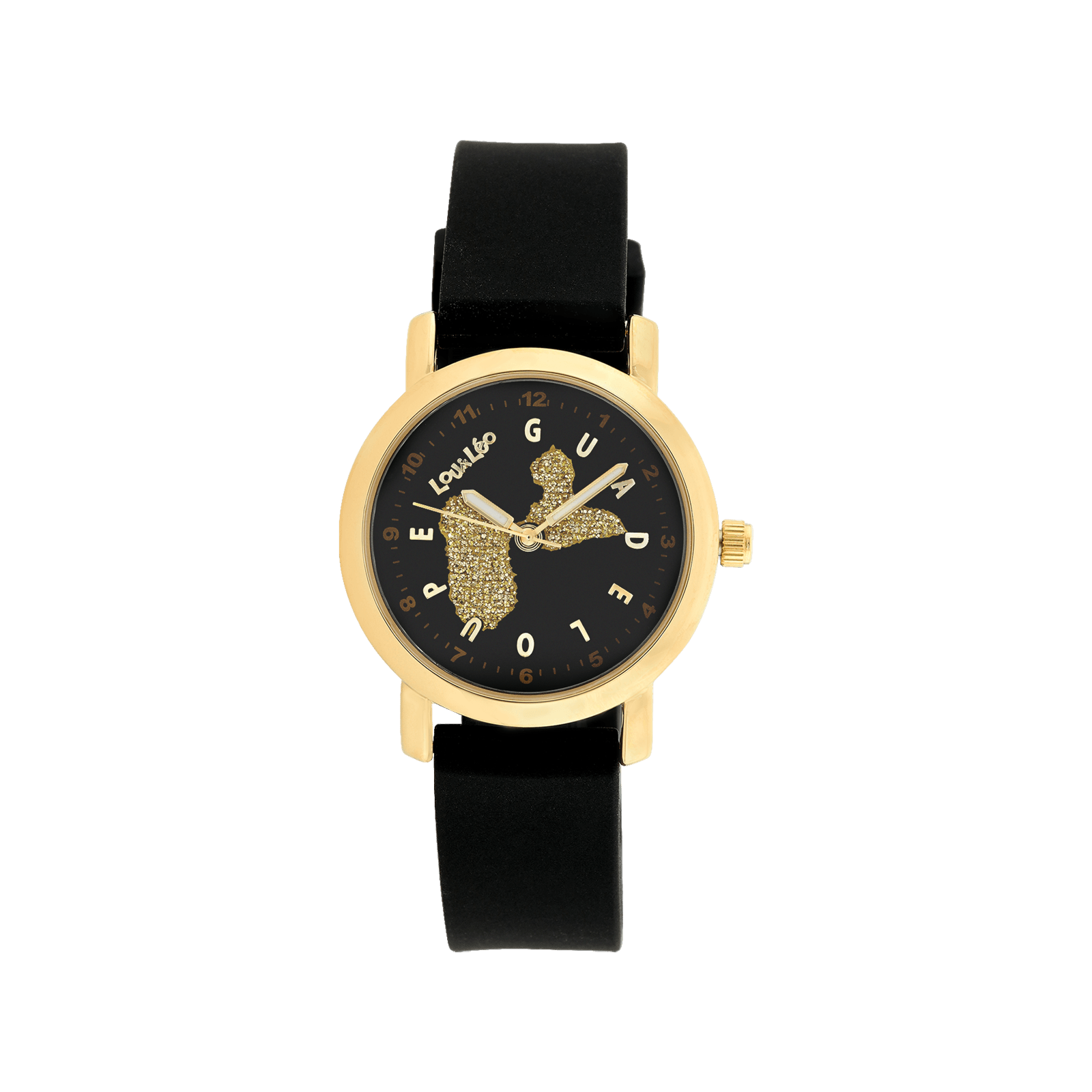 MONTRE ENFANT LOU&LEO BRACELET SILICONE NOIR BOITE IPG CADRAN NOIR GUADELOUPE GLITTER DORE 3ATM
