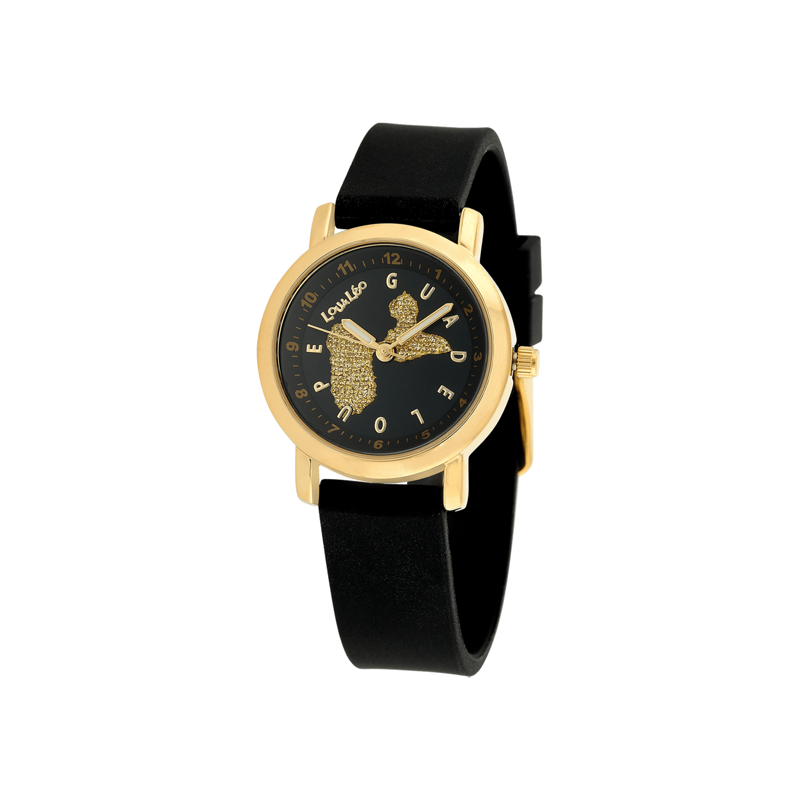 MONTRE ENFANT LOU&LEO BRACELET SILICONE NOIR BOITE IPG CADRAN NOIR GUADELOUPE GLITTER DORE 3ATM