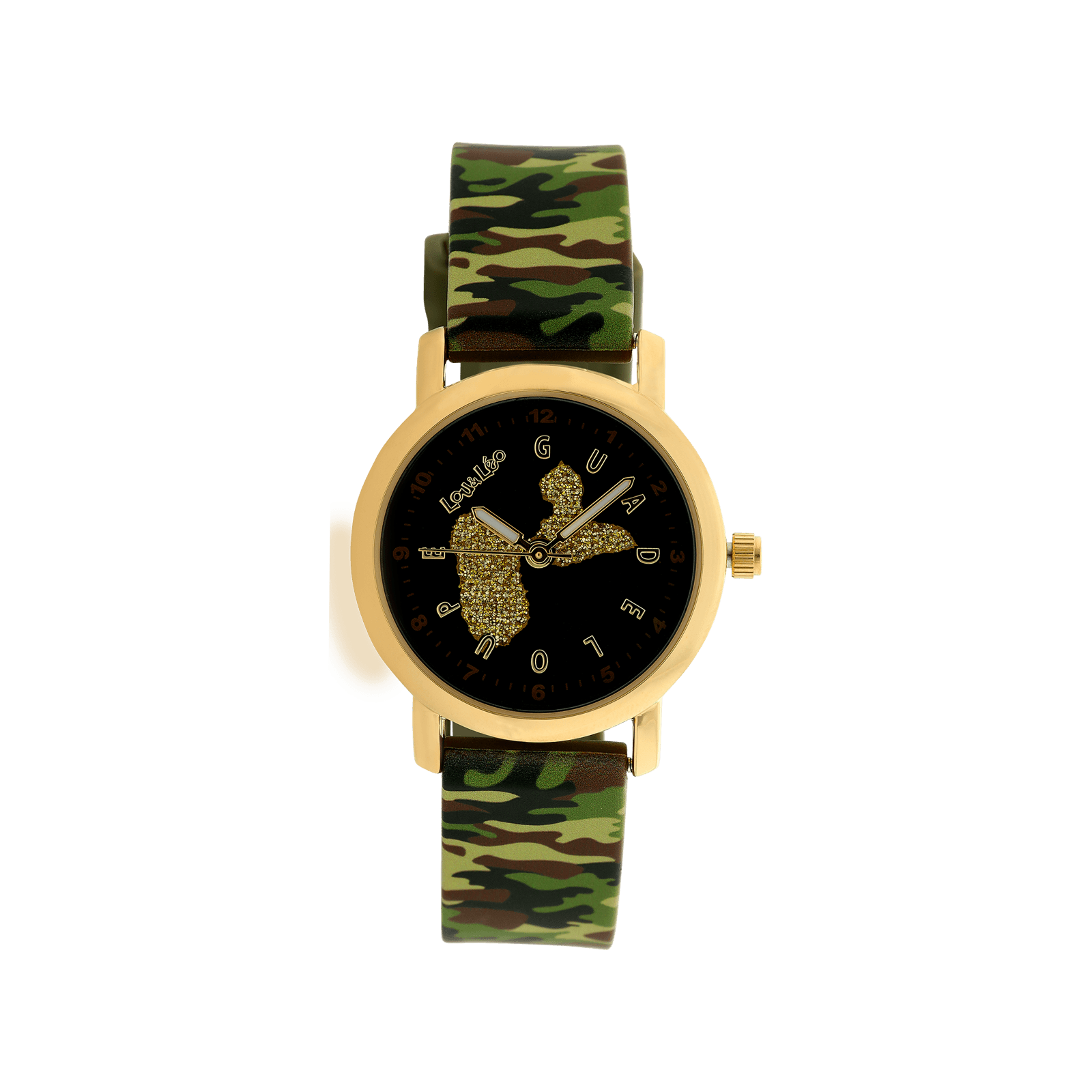 MONTRE ENFANT LOU&LEO BRACELET SILICONE MILITAIRE BOITE IPG CADRAN NOIR GUADELOUPE GLITTER DORE 3ATM