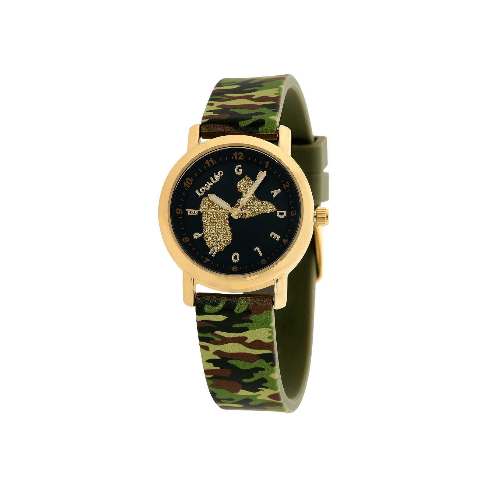 MONTRE ENFANT LOU&LEO BRACELET SILICONE MILITAIRE BOITE IPG CADRAN NOIR GUADELOUPE GLITTER DORE 3ATM