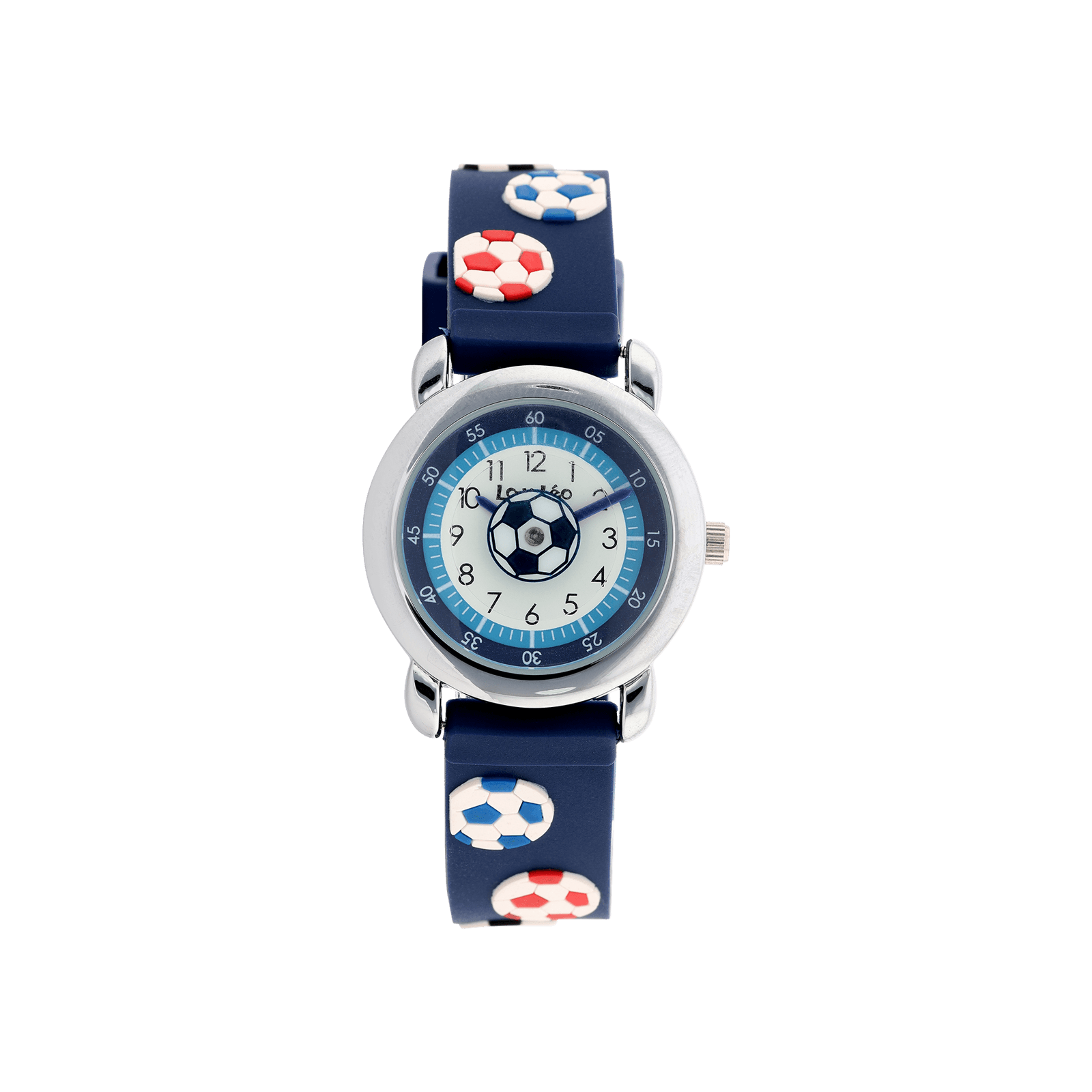 Montre Lou & Leo boîte ips bracelet plastique bleu et ballons foot 3 atmosphères