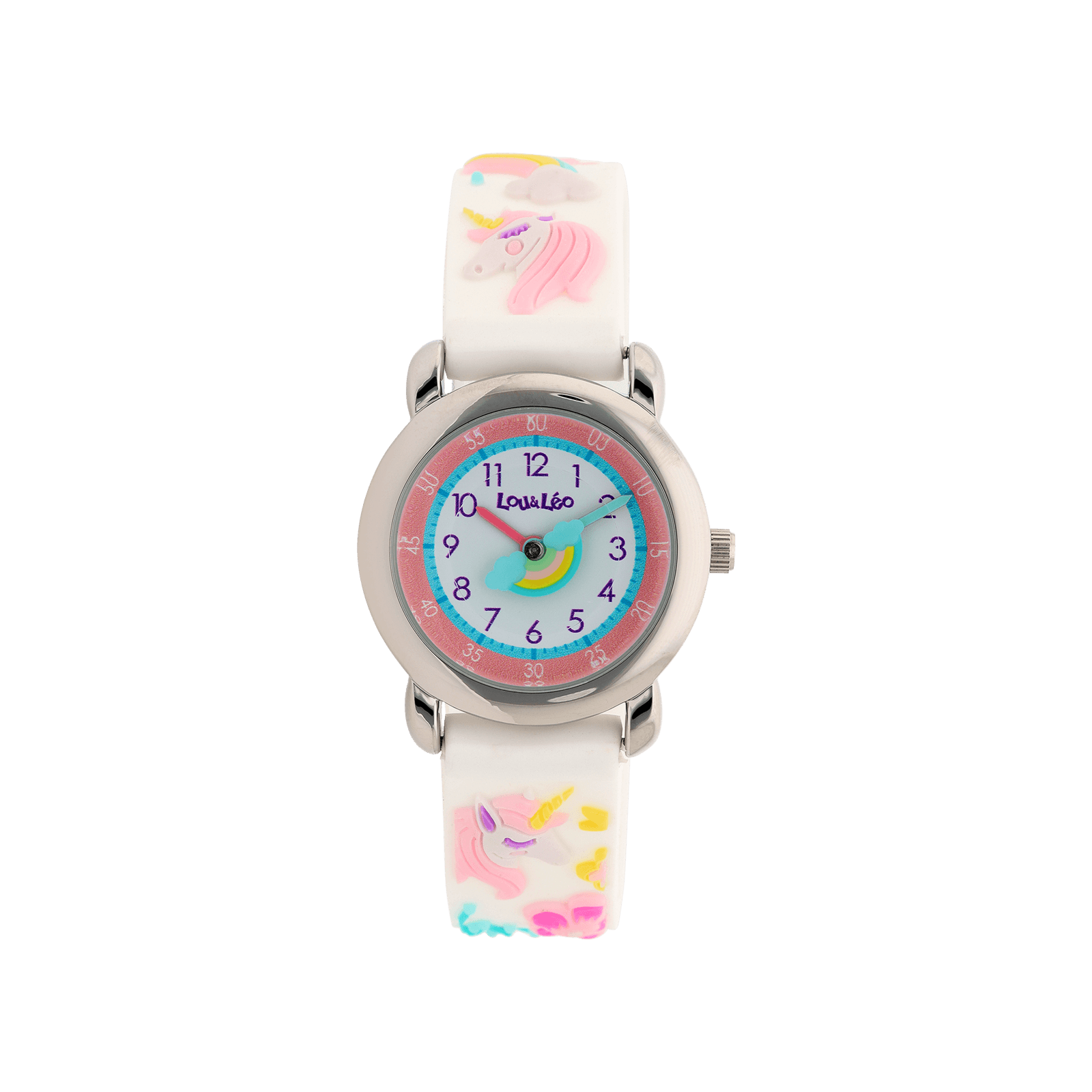 Montre Lou & Leo boîte dorée Bracelet plastique rose et licorne paillettes 3 atmosphères