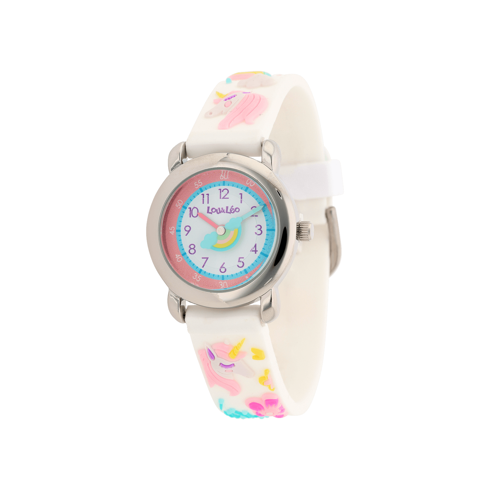 Montre Lou & Leo boîte dorée Bracelet plastique rose et licorne paillettes 3 atmosphères