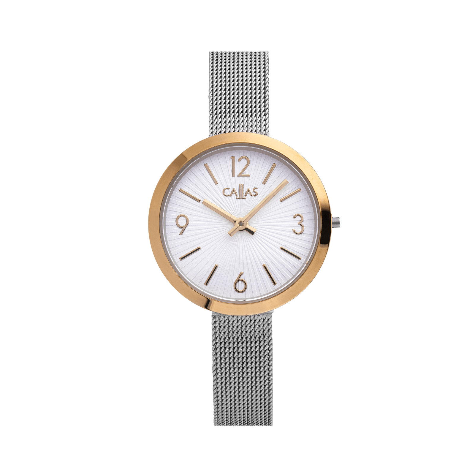 montre callas dame bracelet maille milanaise acier boîtier doré cadran argent 3 atm