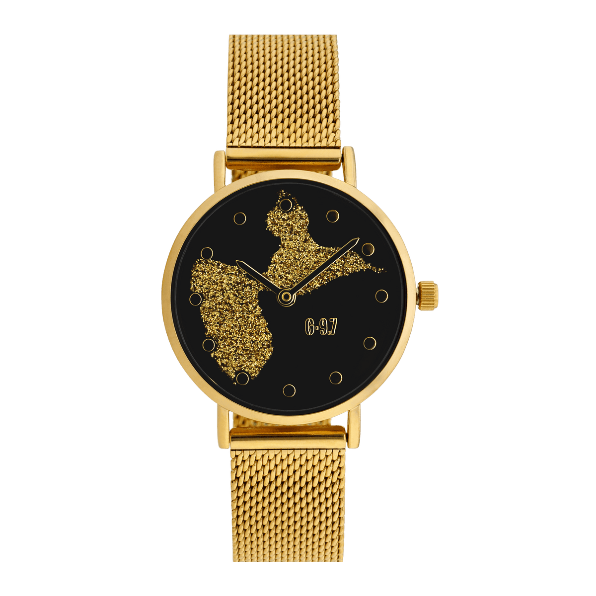 Montre Femme G97 Carte Guadeloupe Dorée Cadran Noir 30mm Brac Mesh Doré 14mm 3ATM