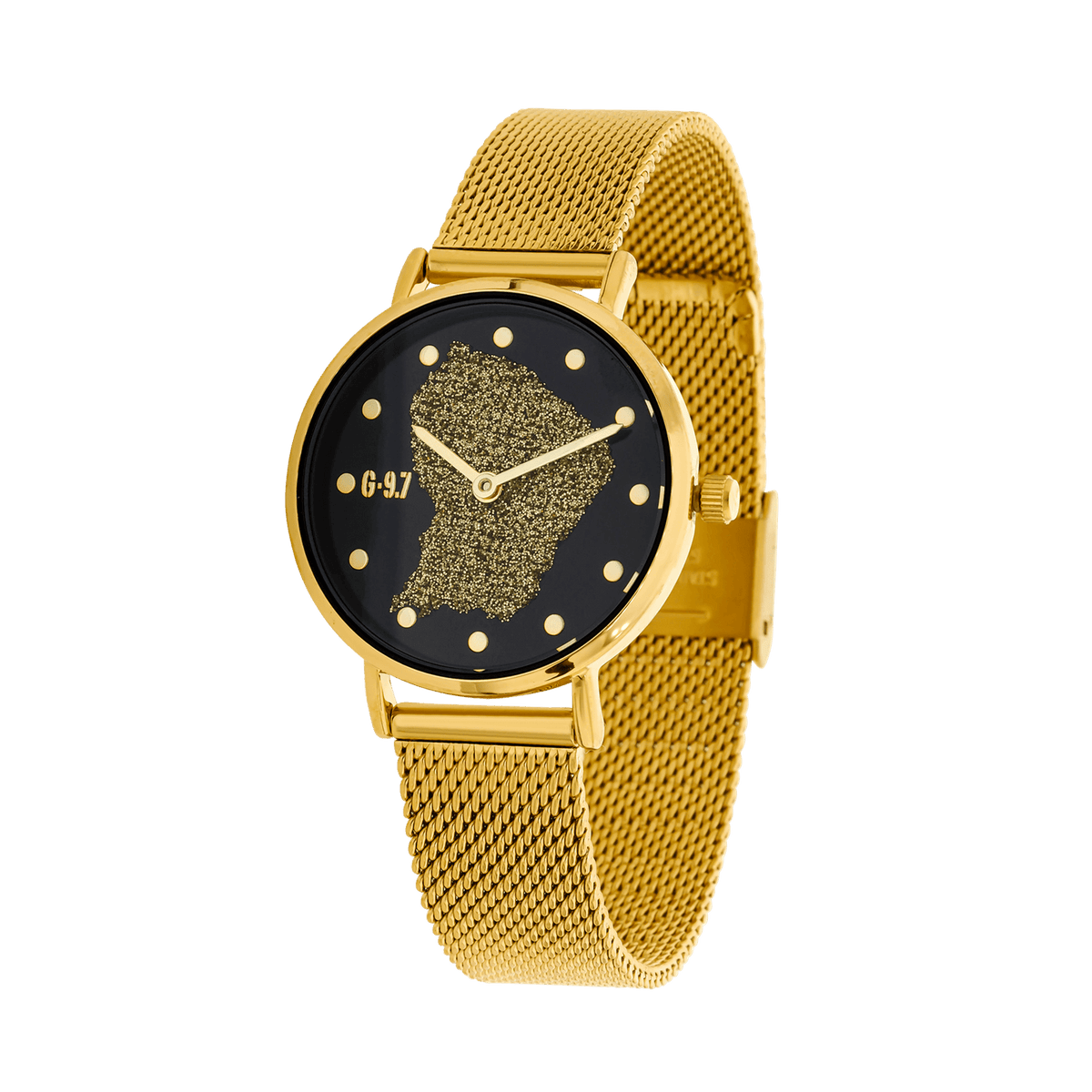 Montre Femme G97 Carte Guyane Dorée Cadran Noir 30mm Brac Mesh Doré 14mm 3ATM
