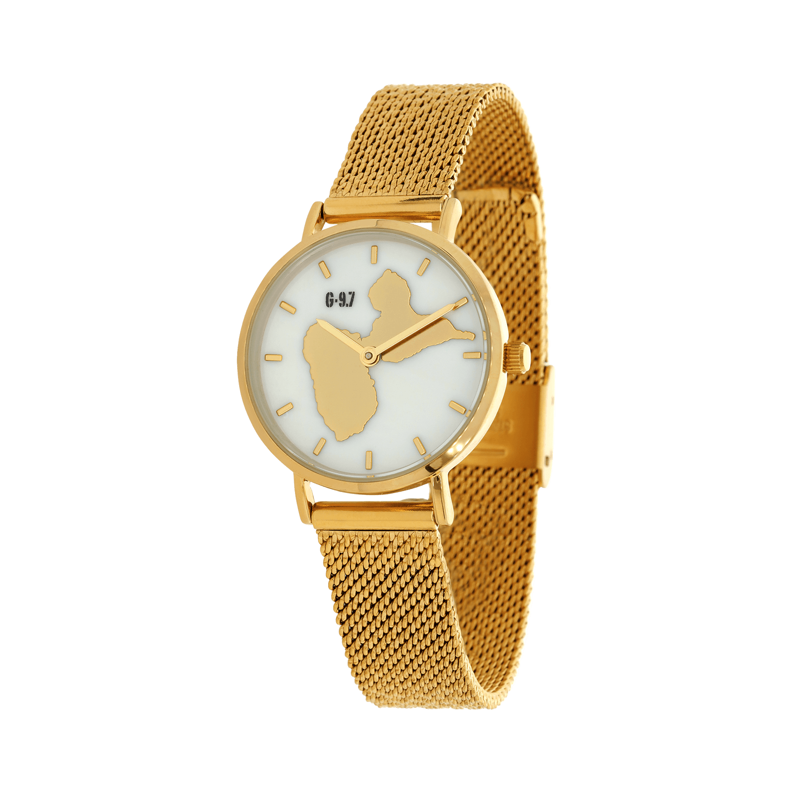 Montre Femme G97 30mm Cadran Nacre Carte Guadeloupe Braelet  Mesh Doré 14mm 3ATM