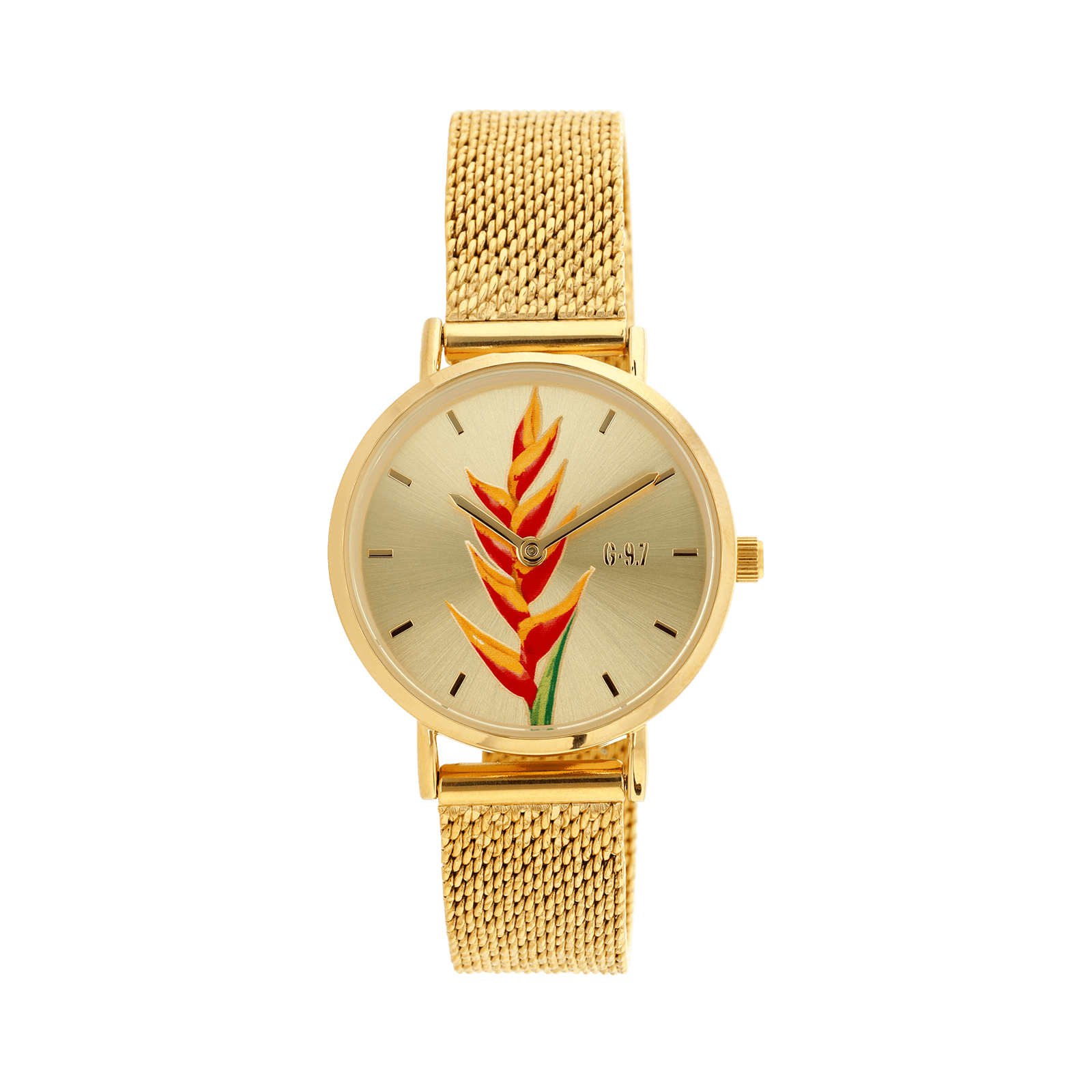 montre femme g97 30mm cadran doré balisier bracelet mesh 14mm 3atm