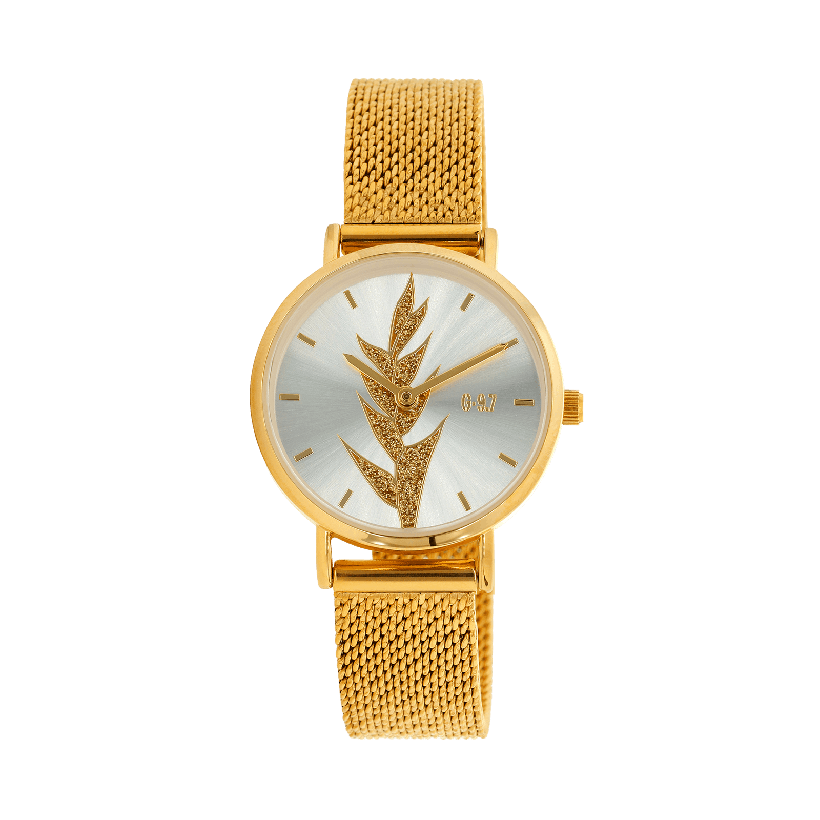 Montre Femme G97 30mm Cadran Argenté Balisier Bracelet Mesh Doré 14mm 3ATM