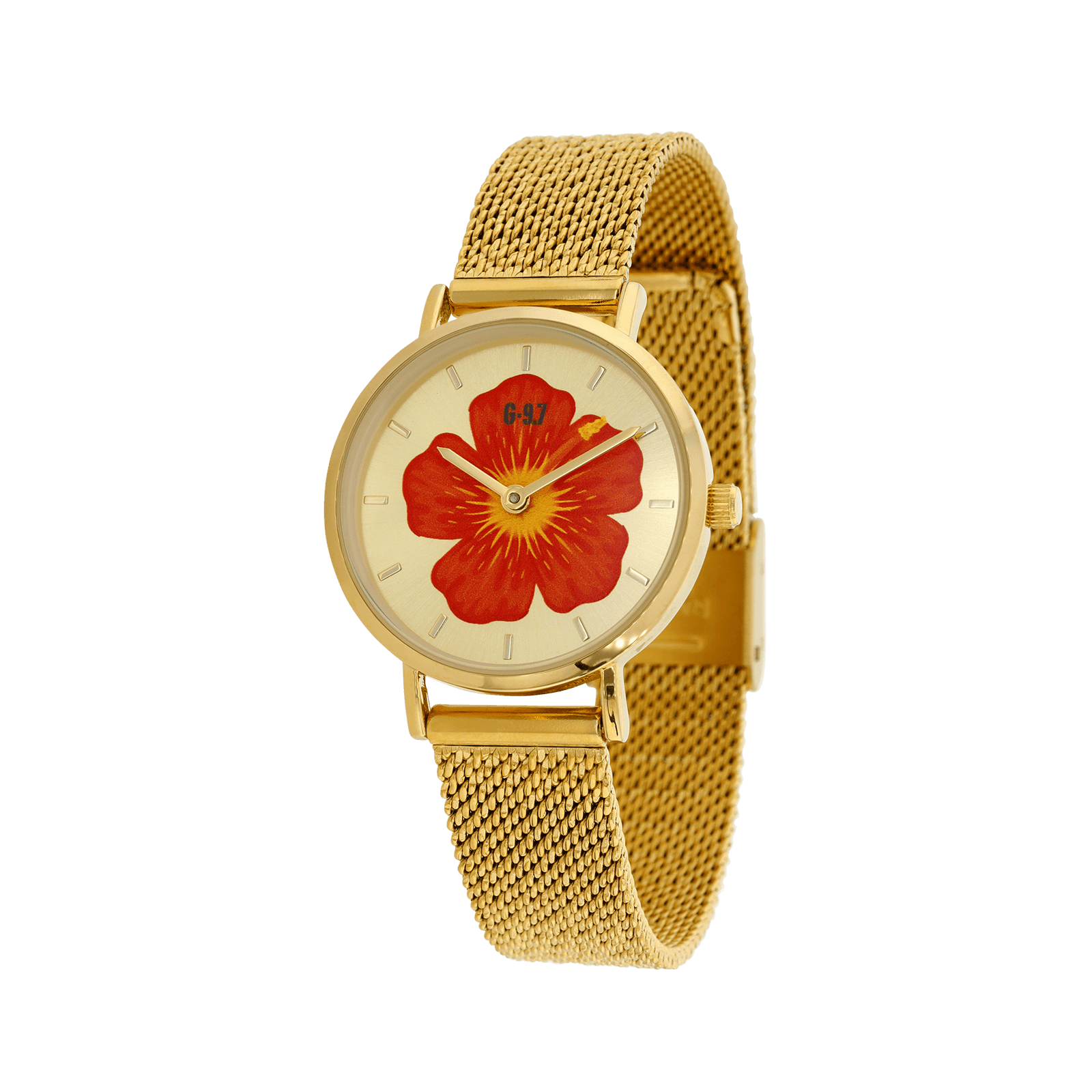 montre femme g97 30mm cadran doré hibiscus bracelet mesh 14mm 3atm